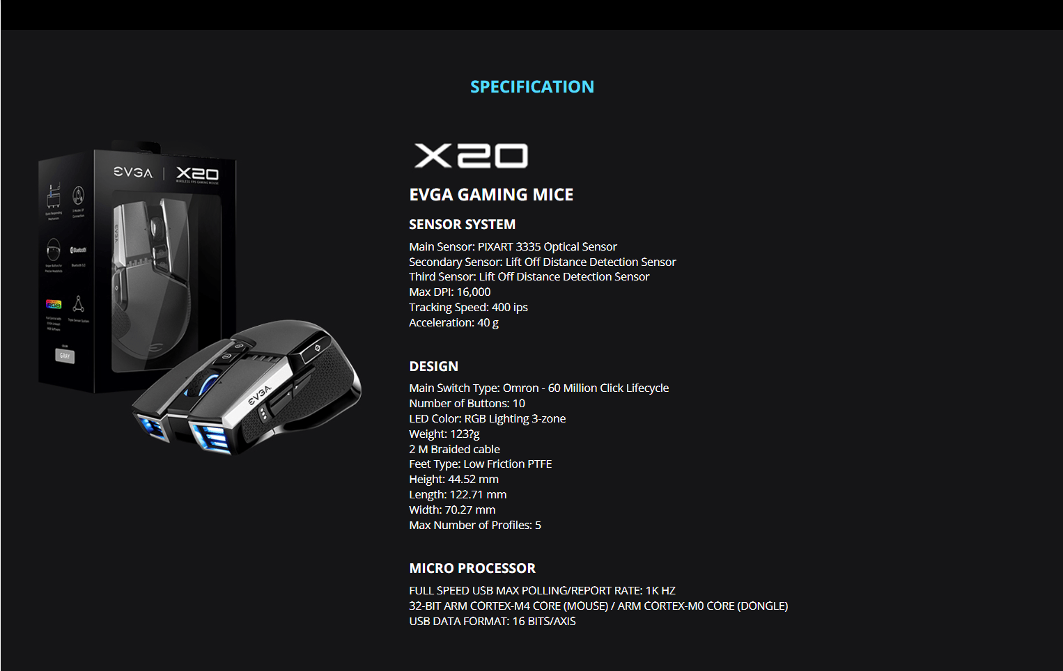EVGA X20 Wireless Customizable Ergonomic Gaming Mouse, Grey, 16,000 DPI, 5 Profiles, 10 Buttons