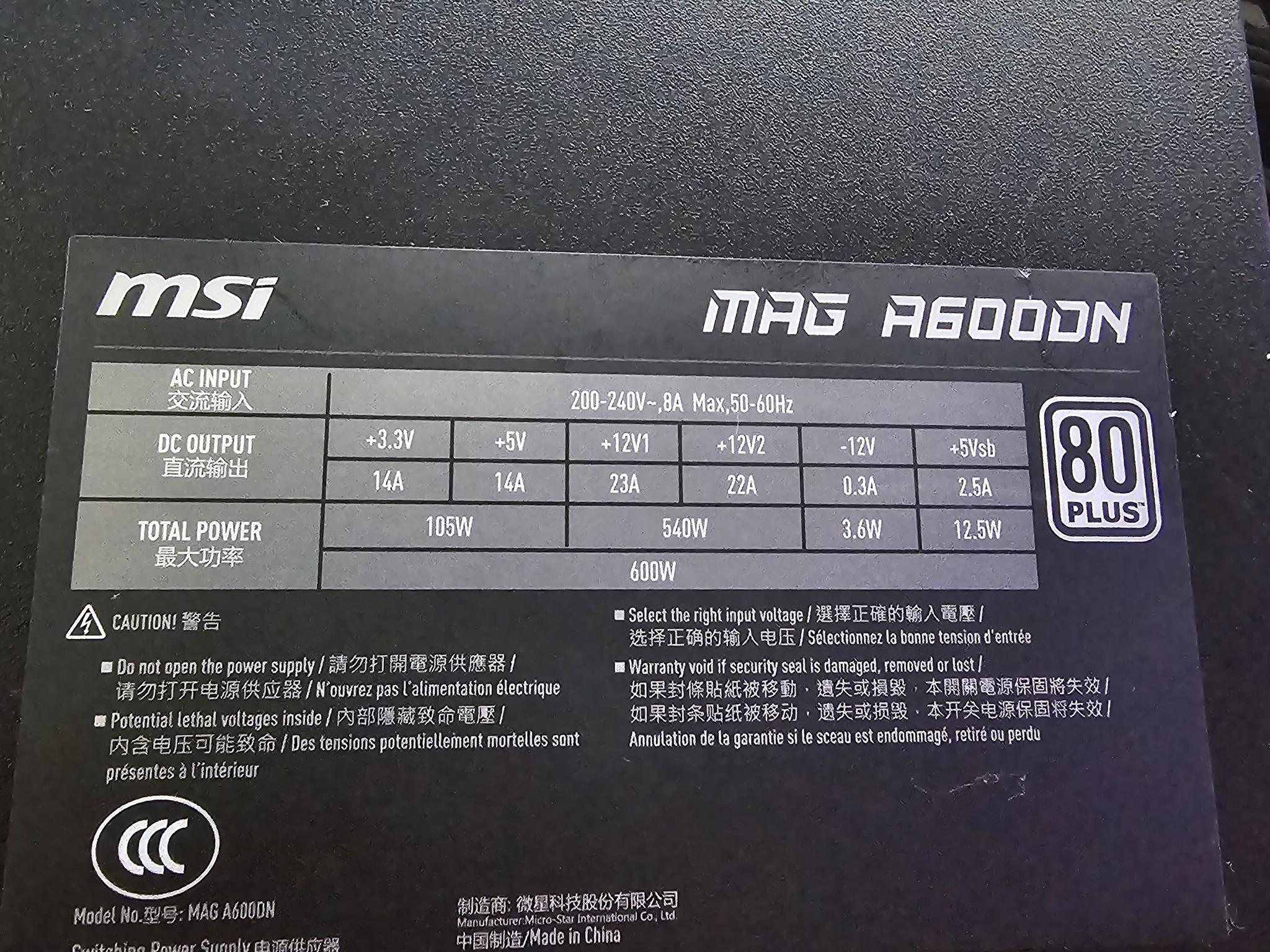 MSI MAG A600DN (600W POWER SUPPLY)(AC INPUT: 200-240V~)