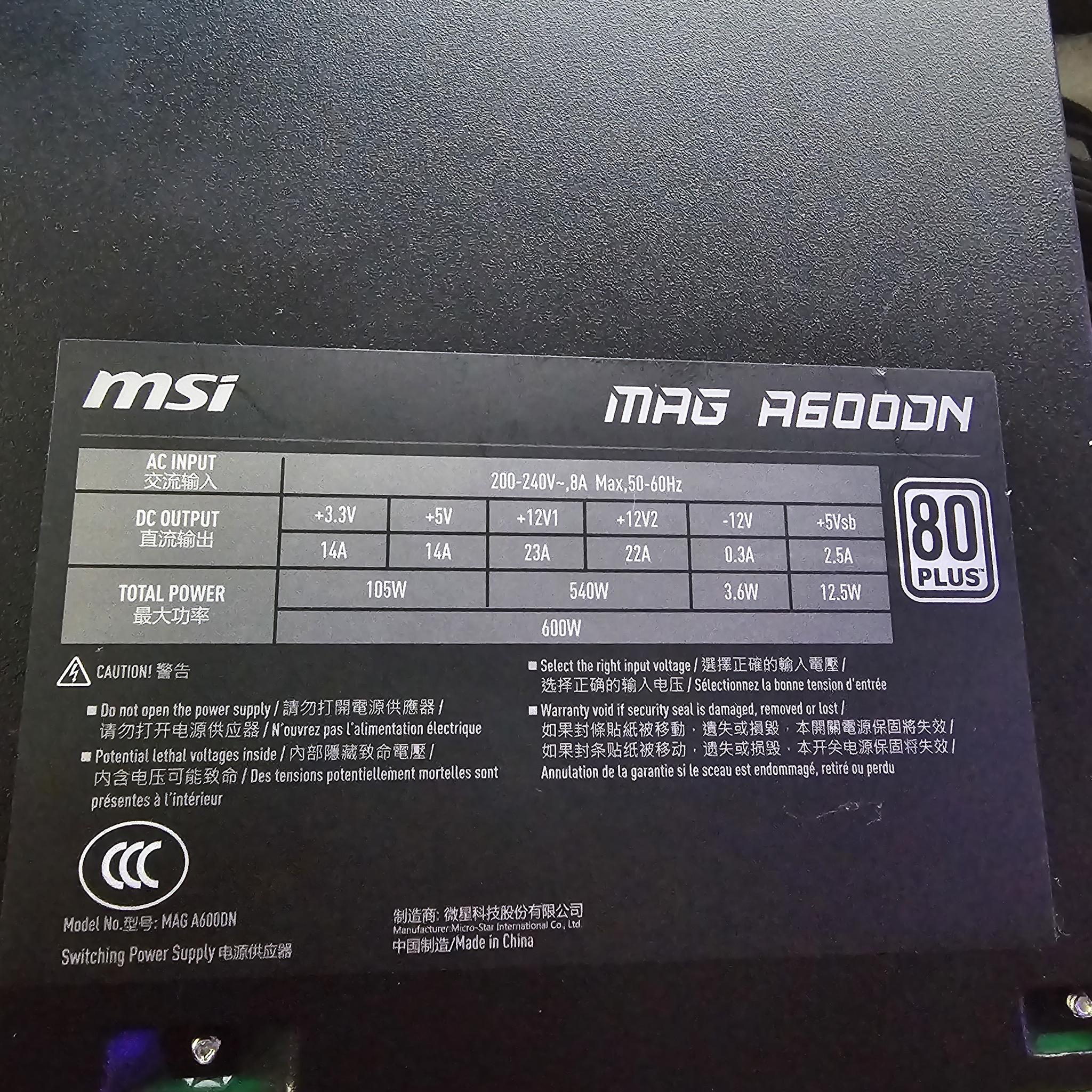 MSI MAG A600DN (600W POWER SUPPLY)(AC INPUT: 200-240V~)
