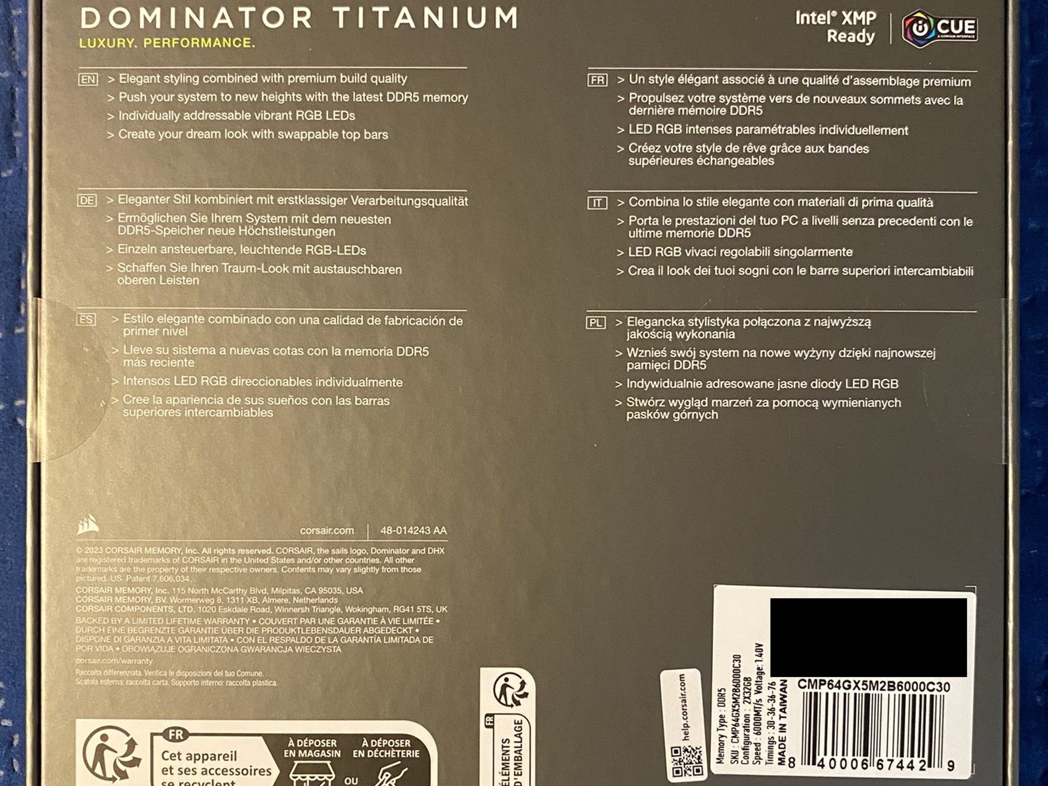 [OEM Refurbished] CORSAIR Dominator Titanium DDR5 64GB (2x32GB) 6000MHz CL30 RGB RAM (Intel XMP-Blk)