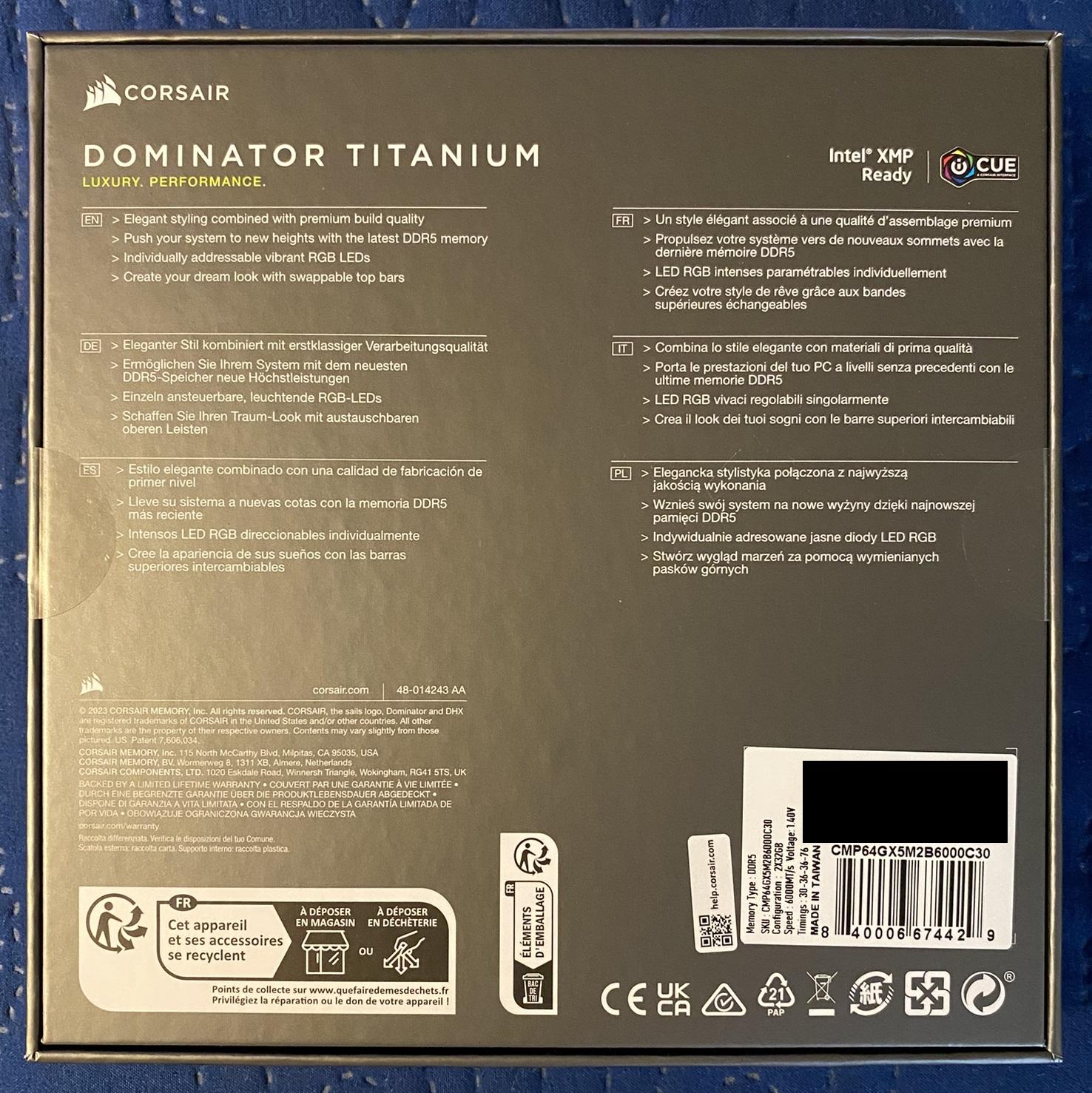 [OEM Refurbished] CORSAIR Dominator Titanium DDR5 64GB (2x32GB) 6000MHz CL30 RGB RAM (Intel XMP-Blk)