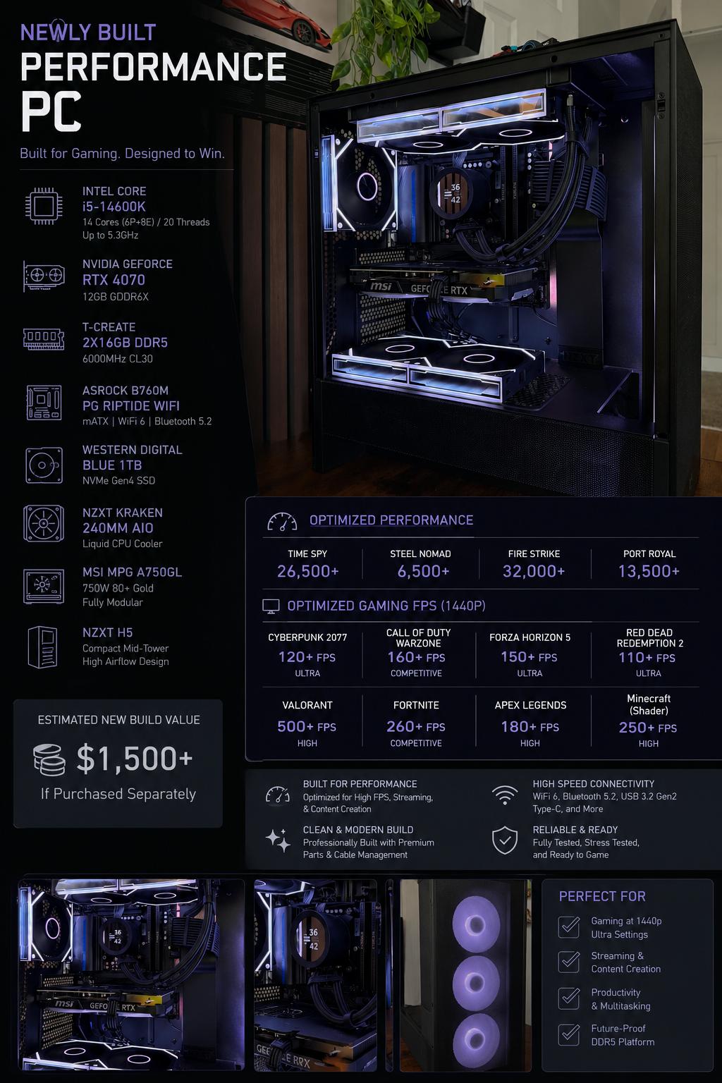 🚀 High Performance Gaming PC - RTX 4070, Core i5-14600K, 32GB DDR5 RAM, 1TB NVMe SSD