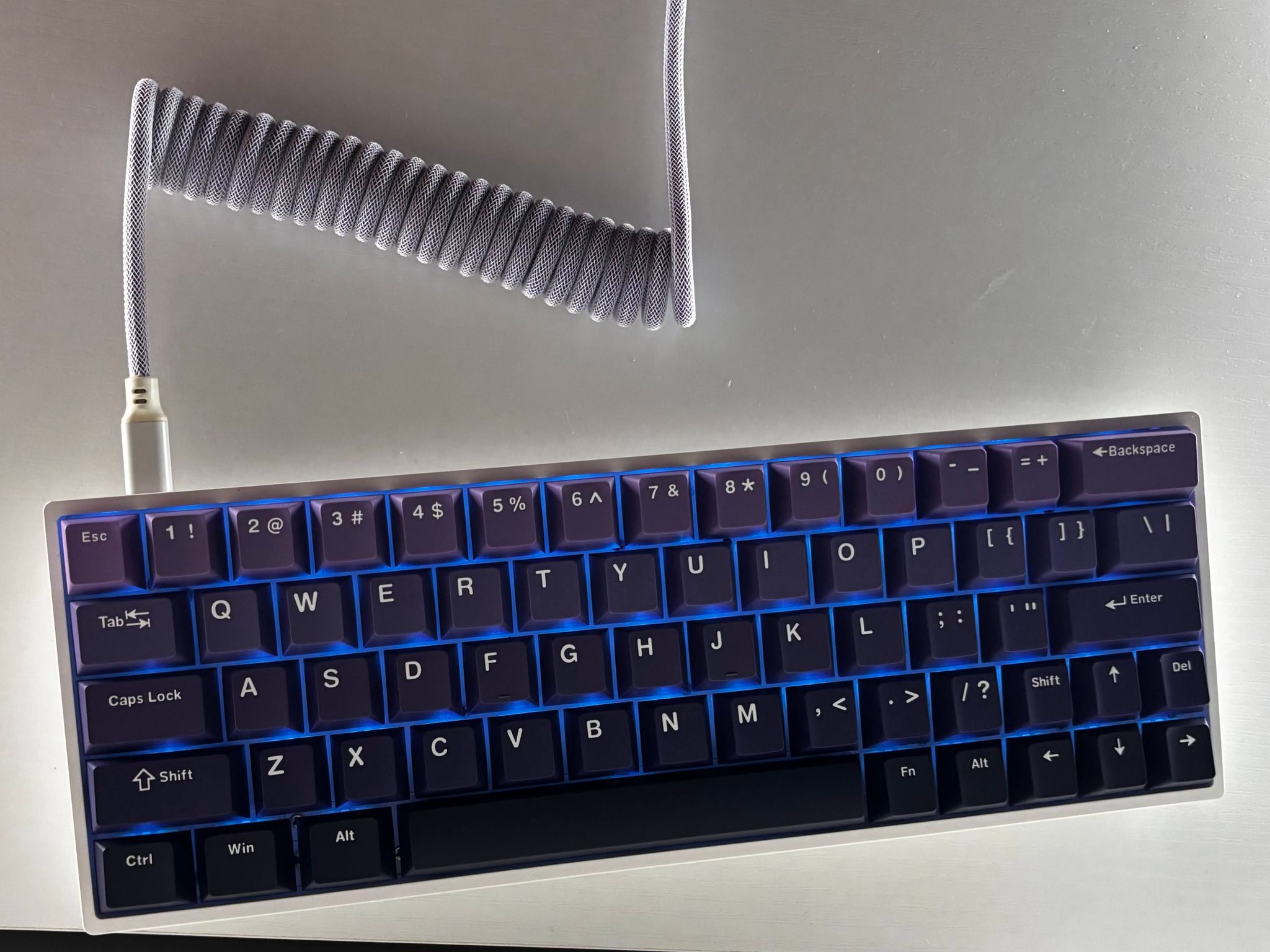 Quality RGB Custom Keyboard - Gateron Milky Yellow + Extras - Purple Hue Keycaps & Coiled Wire