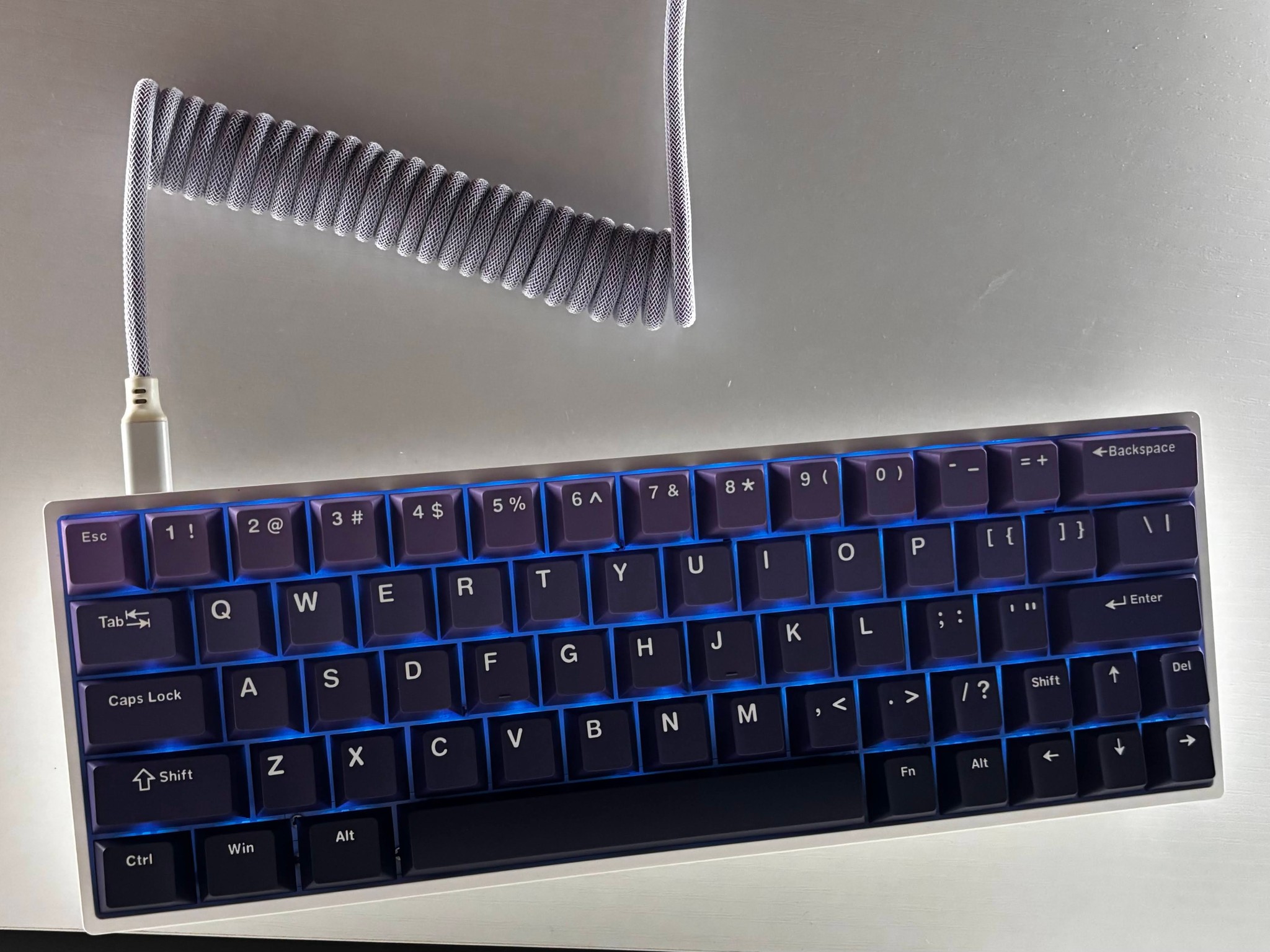 Quality RGB Custom Keyboard - Gateron Milky Yellow + Extras - Purple Hue Keycaps & Coiled Wire