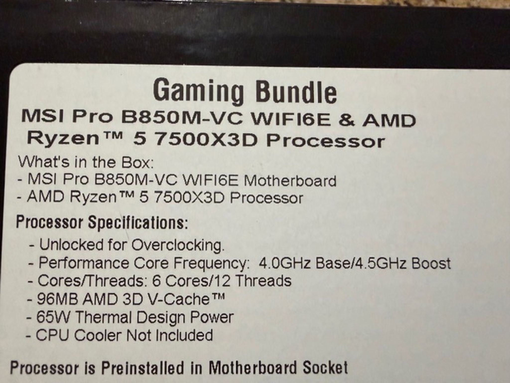 BRAND NEW AMD Ryzen 5 7500X3D CPU + MSI PRO B850M WIFI 6E Motherboard Bundle
