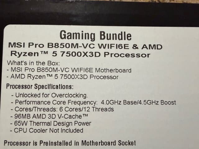 BRAND NEW AMD Ryzen 5 7500X3D CPU + MSI PRO B850M WIFI 6E Motherboard Bundle
