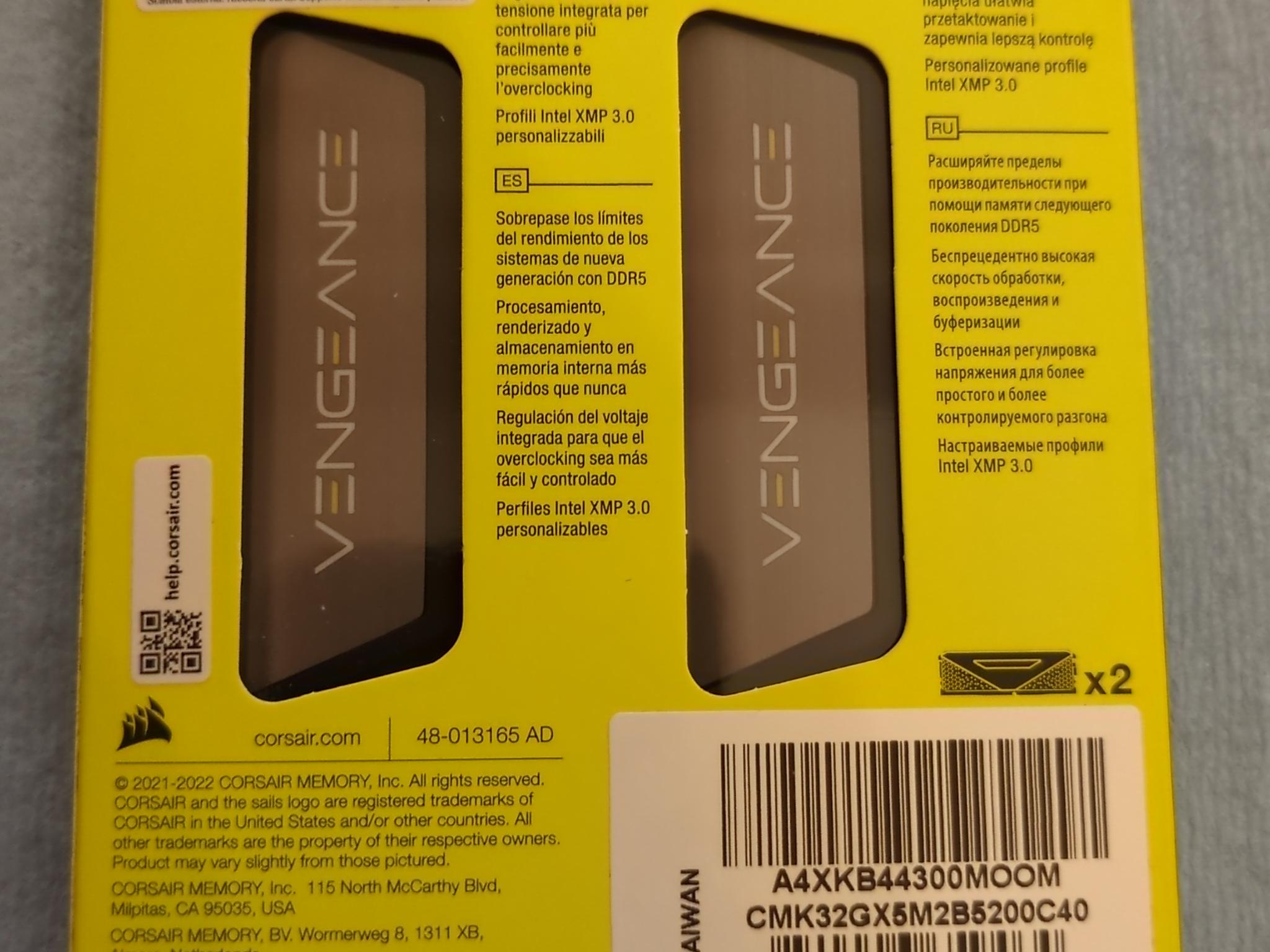Corsair Vengeance DDR5 32GB (2x16GB) 5200MT/s 40-40-40-77 1.25V