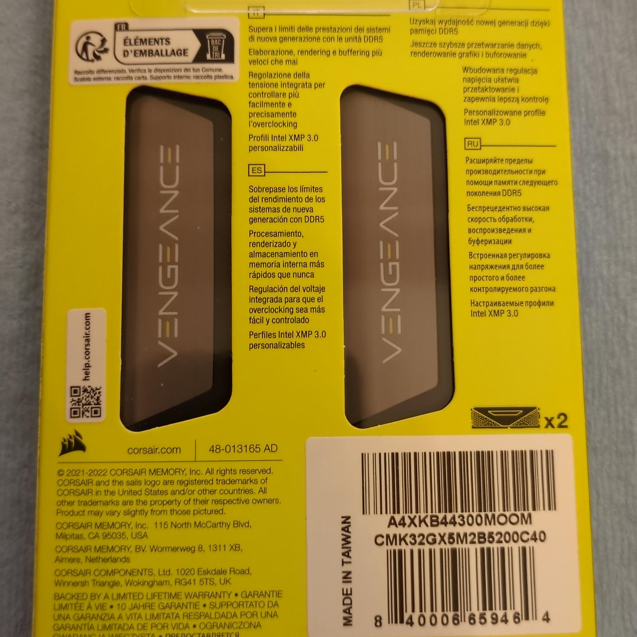 Corsair Vengeance DDR5 32GB (2x16GB) 5200MT/s 40-40-40-77 1.25V