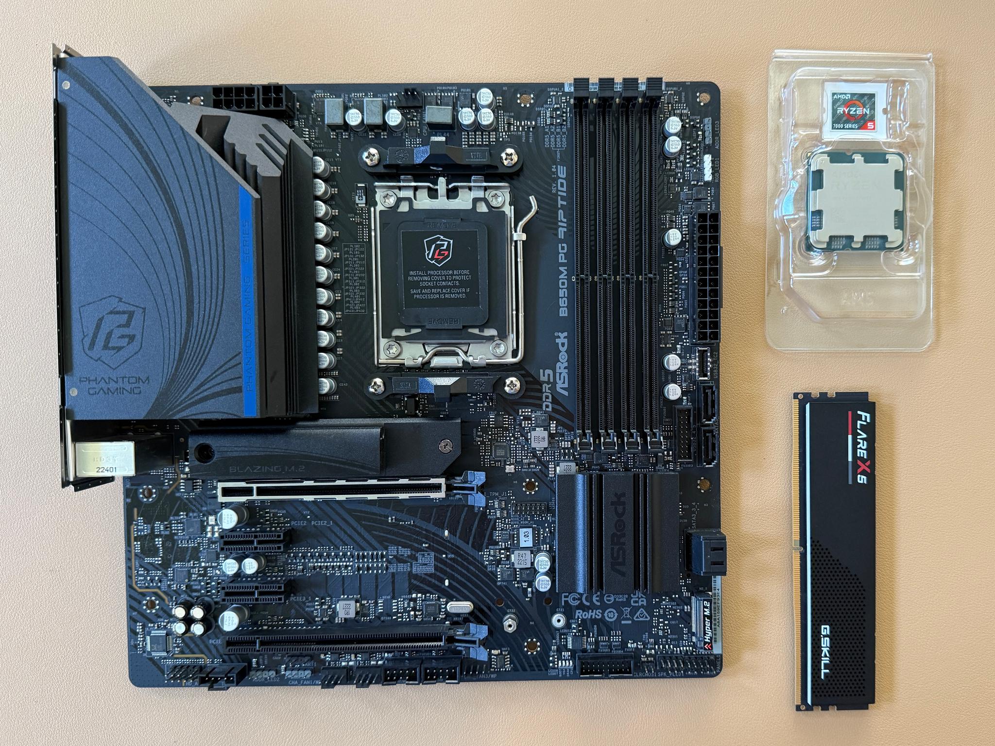 AMD Ryzen 5 7600X + Asrock B650M PG Riptide + GSkill 16GB 6000mhz DDR5 Combo - With Cooler