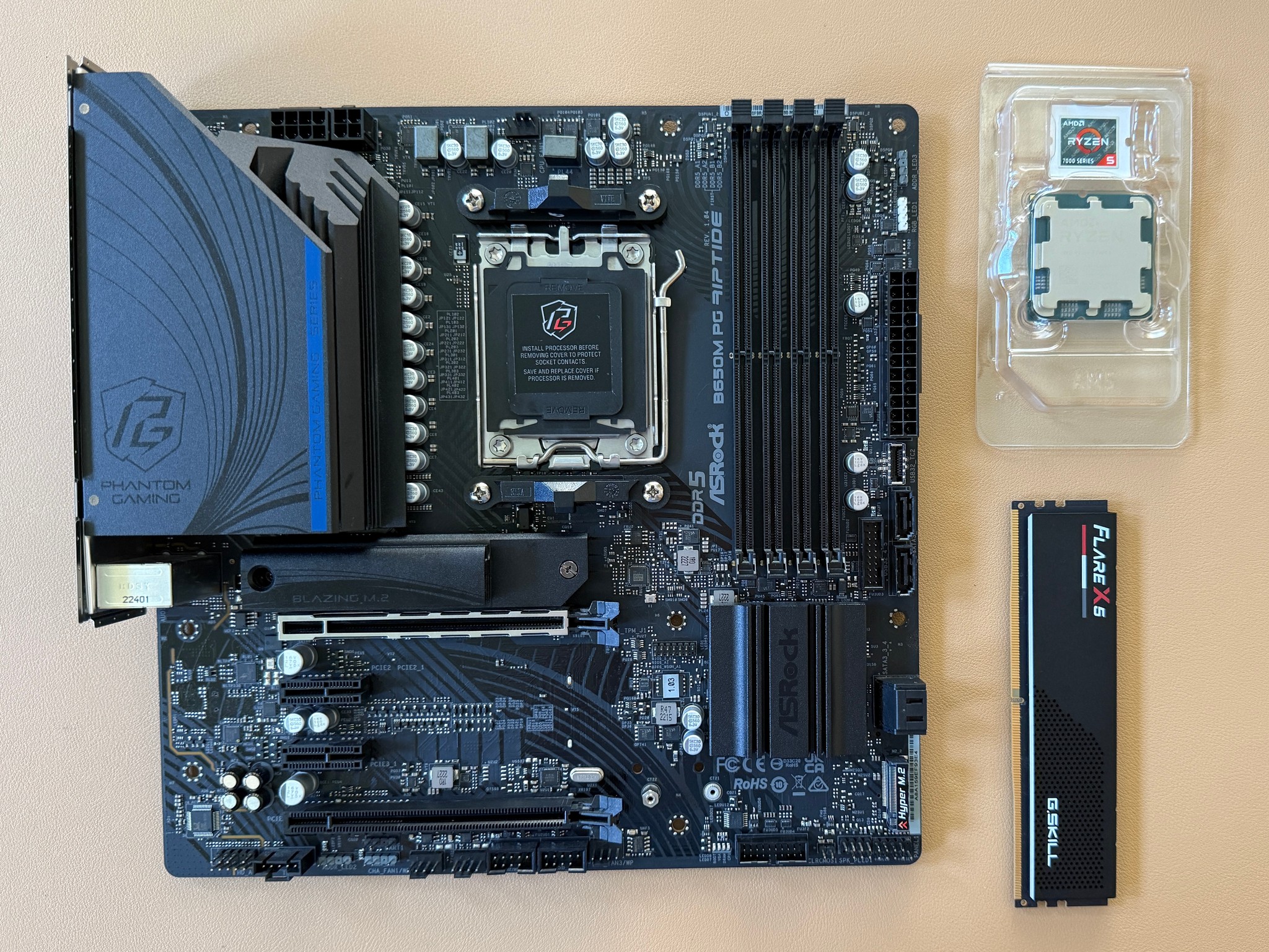 AMD Ryzen 5 7600X + Asrock B650M PG Riptide + GSkill 16GB 6000mhz DDR5 Combo - With Cooler