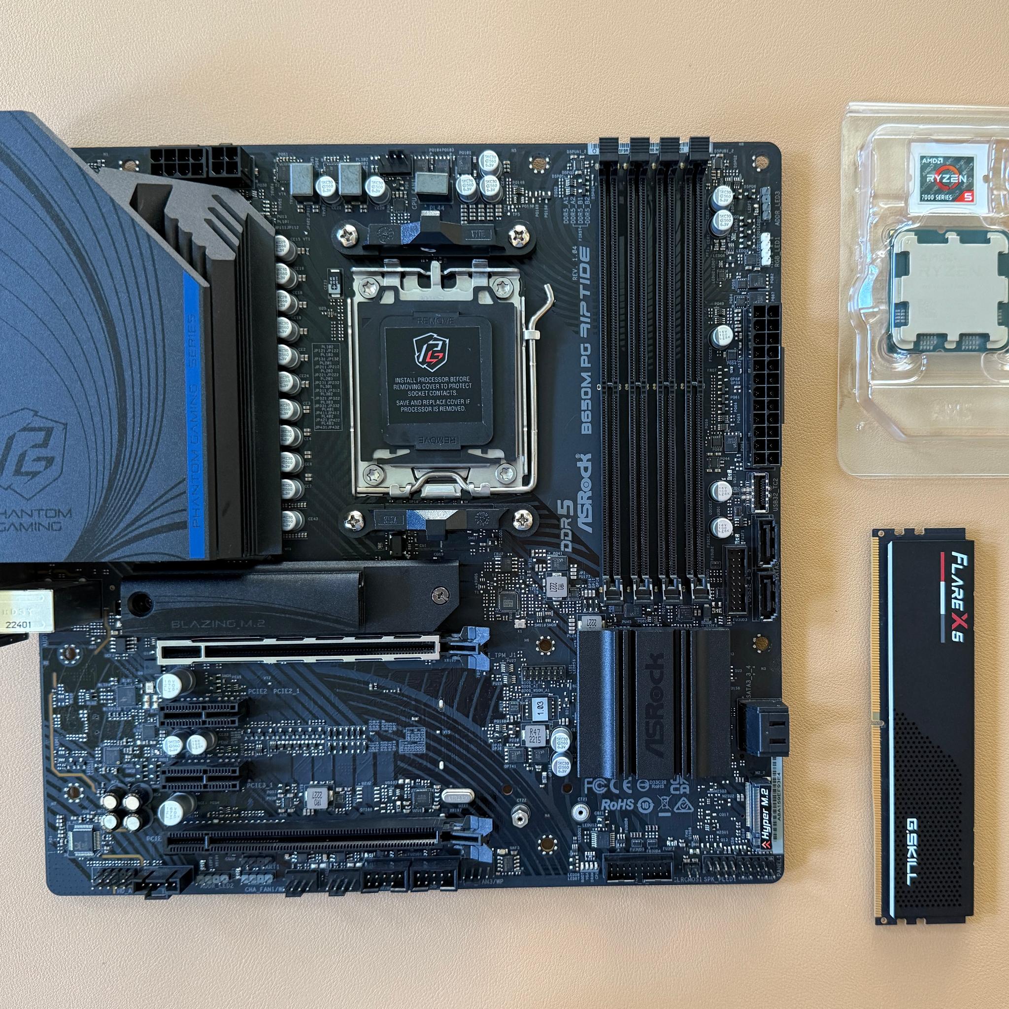 AMD Ryzen 5 7600X + Asrock B650M PG Riptide + GSkill 16GB 6000mhz DDR5 Combo - With Cooler