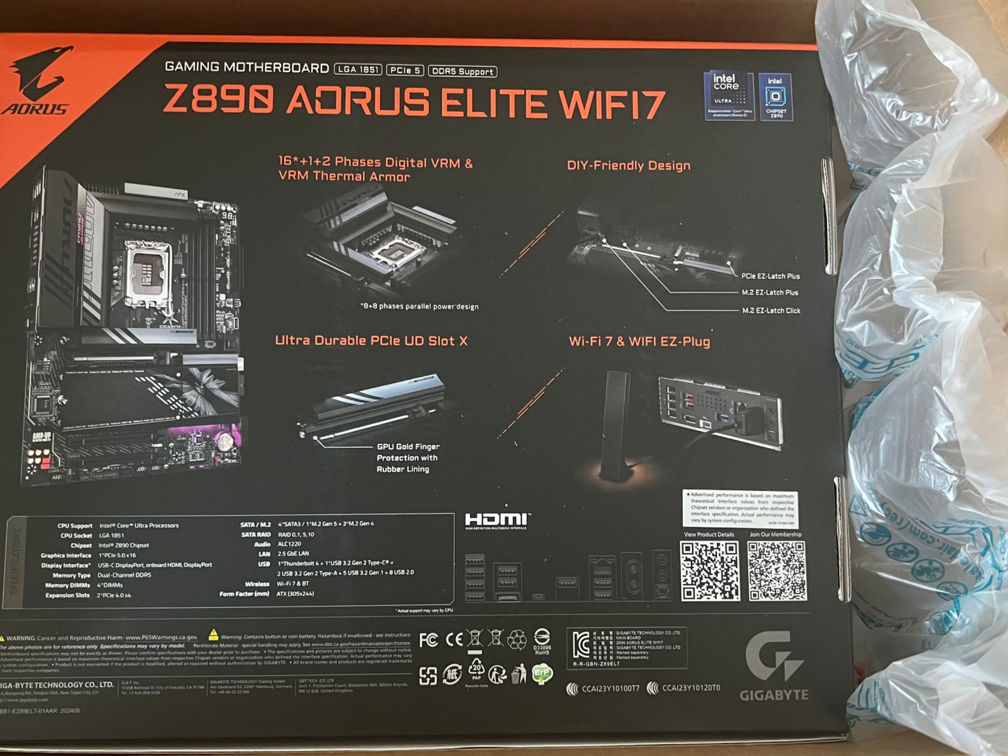 BNIB GIGABYTE Z890 AORUS ELITE WIFI7 Ultra Core (Series 2) LGA 1851, ATX, DDR5