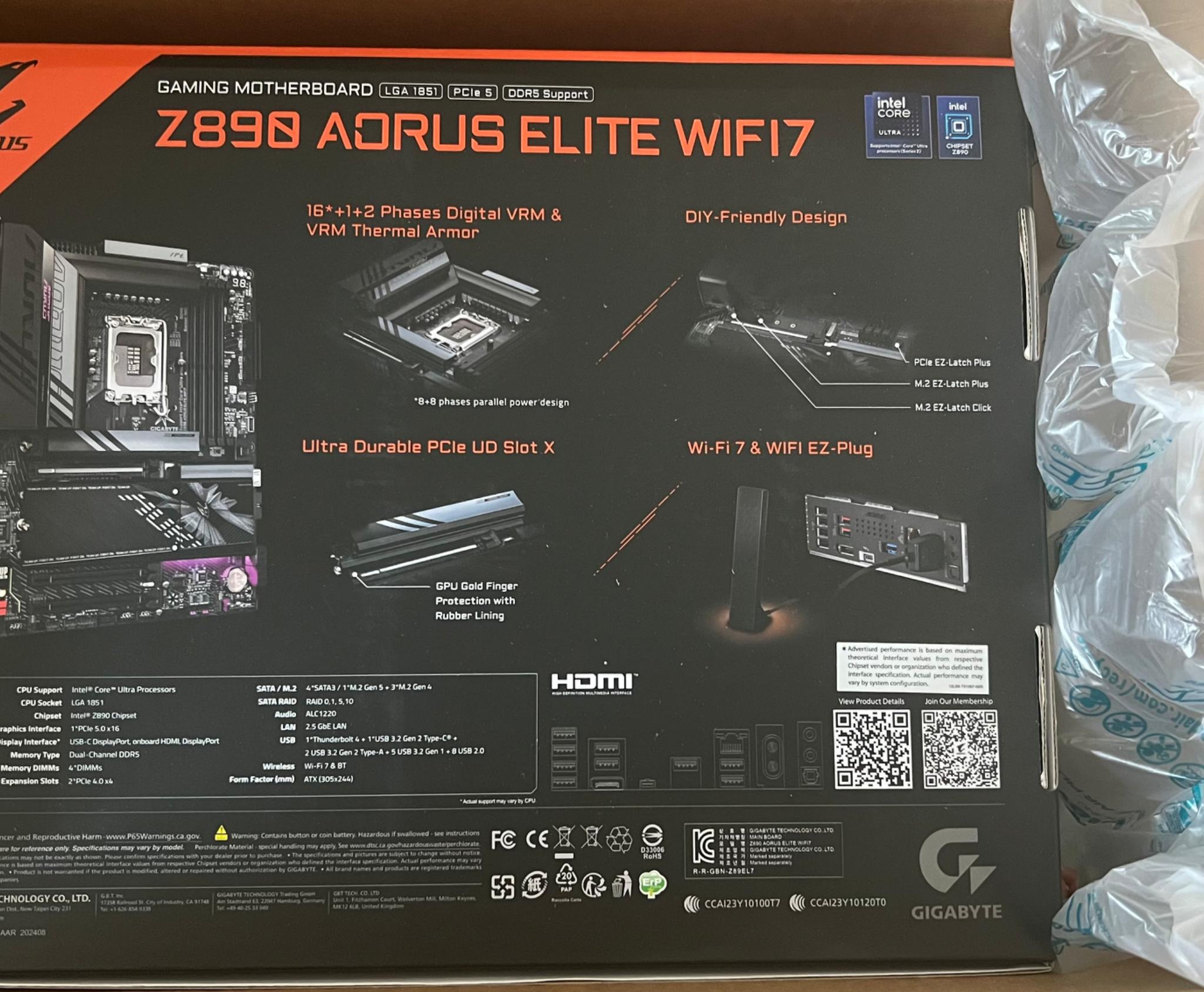 BNIB GIGABYTE Z890 AORUS ELITE WIFI7 Ultra Core (Series 2) LGA 1851, ATX, DDR5
