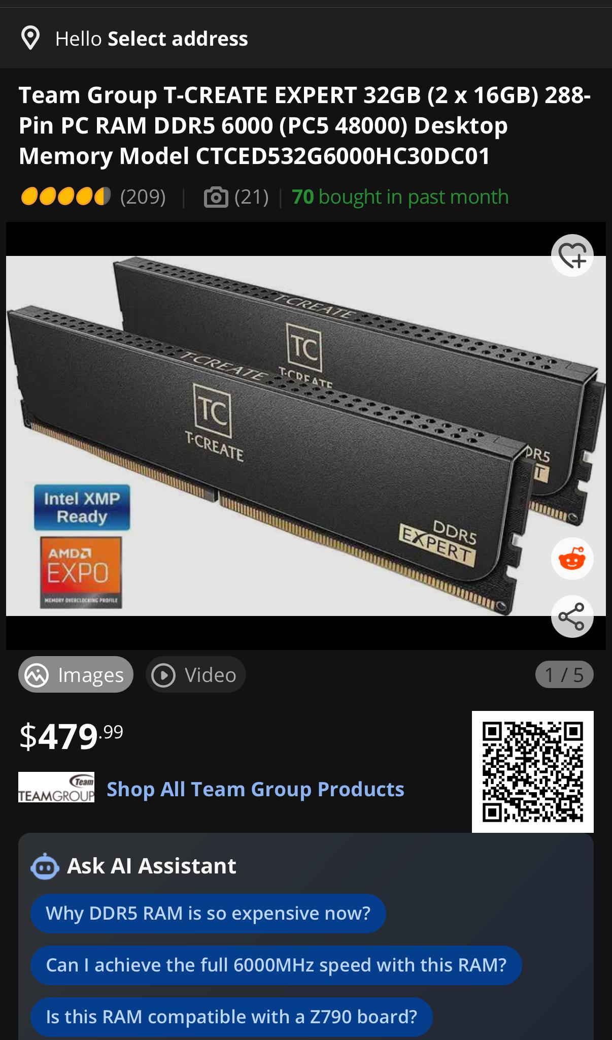 T-Create Expert DDR5 32GB (2x16GB) 6000MHz DIMM Intel XMP AMD EXPO