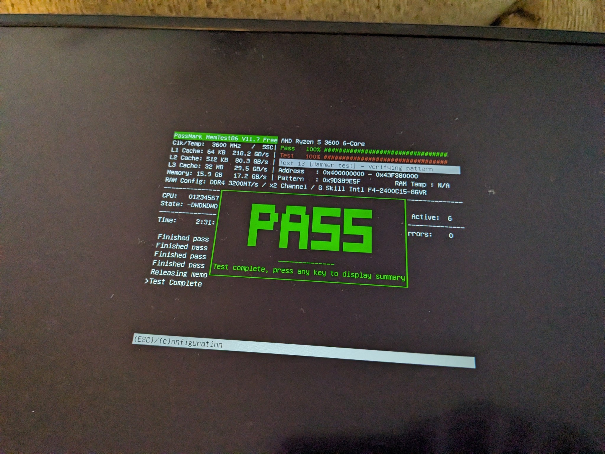 G.SKILL Ripjaws V DDR4 2400 C15-Tested w/ MemTest86 at 3200MHz for 4+ hours. IOB