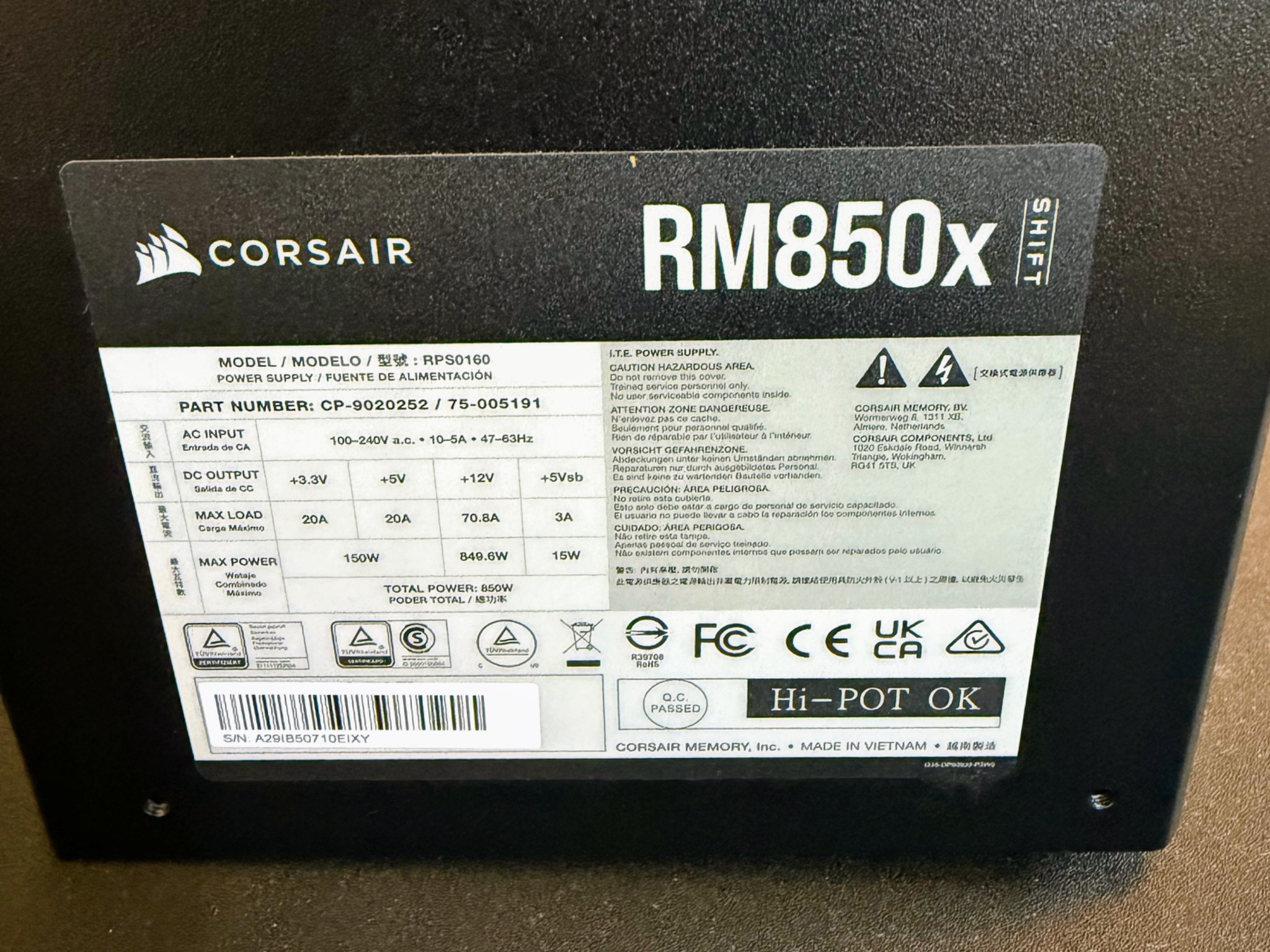 Corsair RM850x Shift 850W 80+ Gold Fully Modular PSU (2025, Lightly Used)