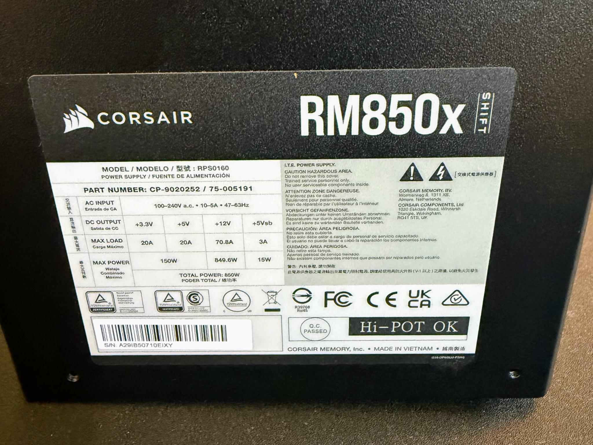 Corsair RM850x Shift 850W 80+ Gold Fully Modular PSU (2025, Lightly Used)