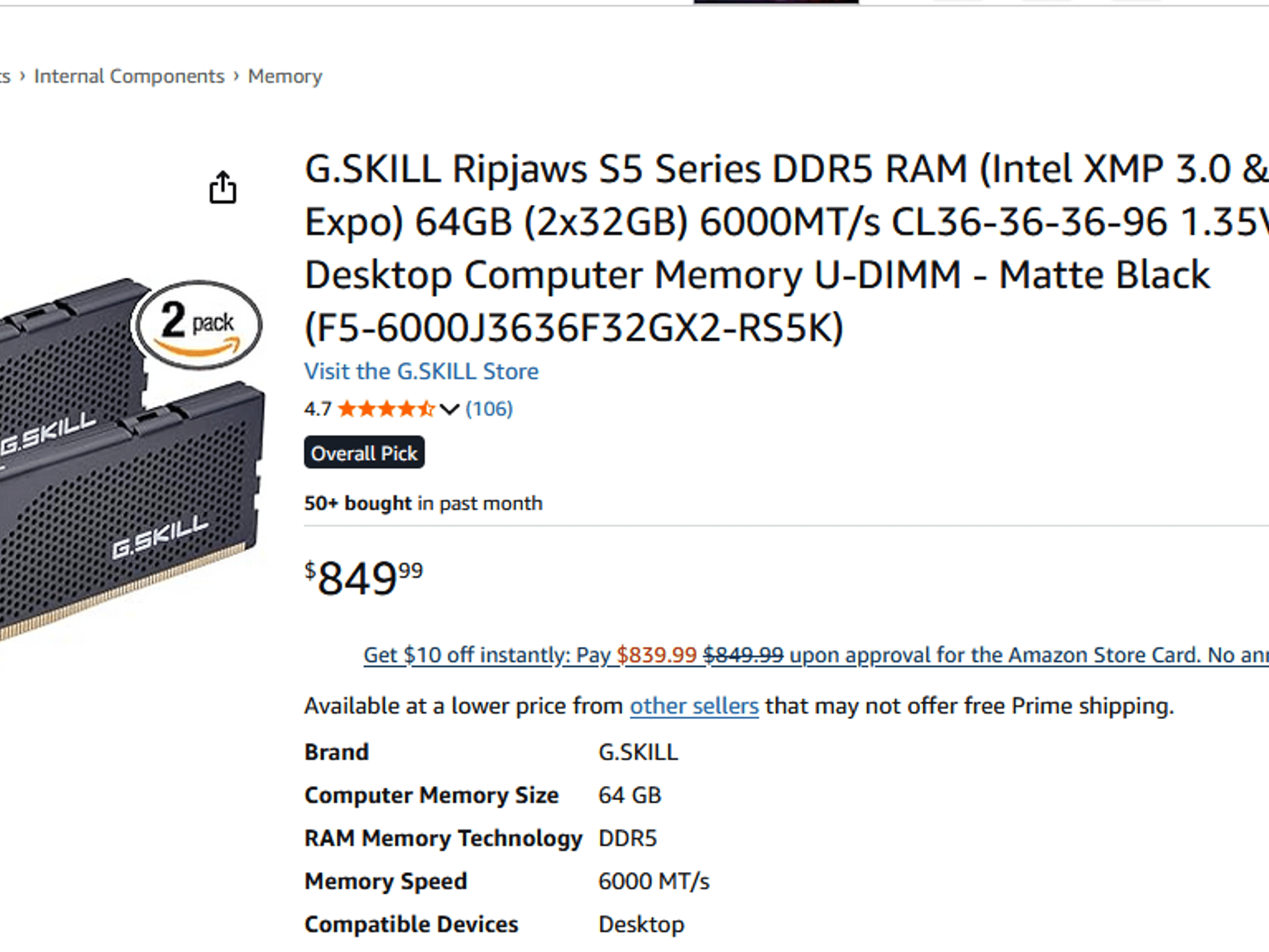 G.SKILL Ripjaws S5 64GB (2x32GB) DDR5-6000 CL36 — Brand New Sealed