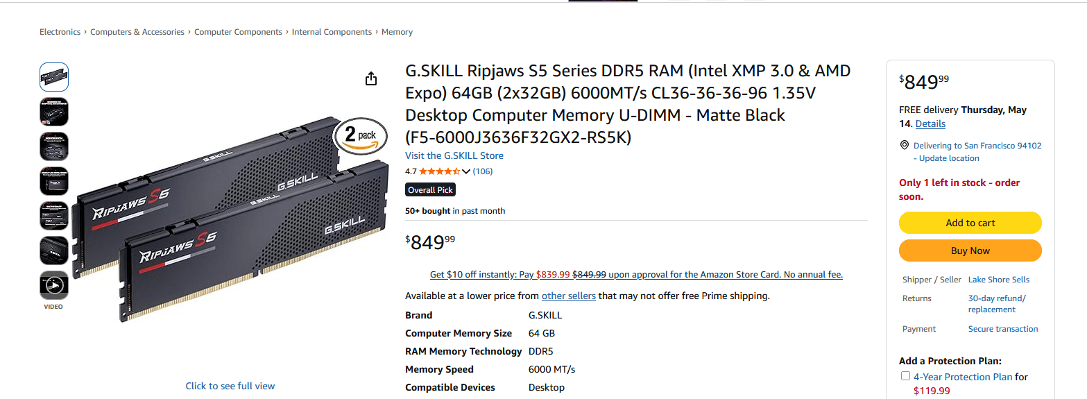 G.SKILL Ripjaws S5 64GB (2x32GB) DDR5-6000 CL36 — Brand New Sealed