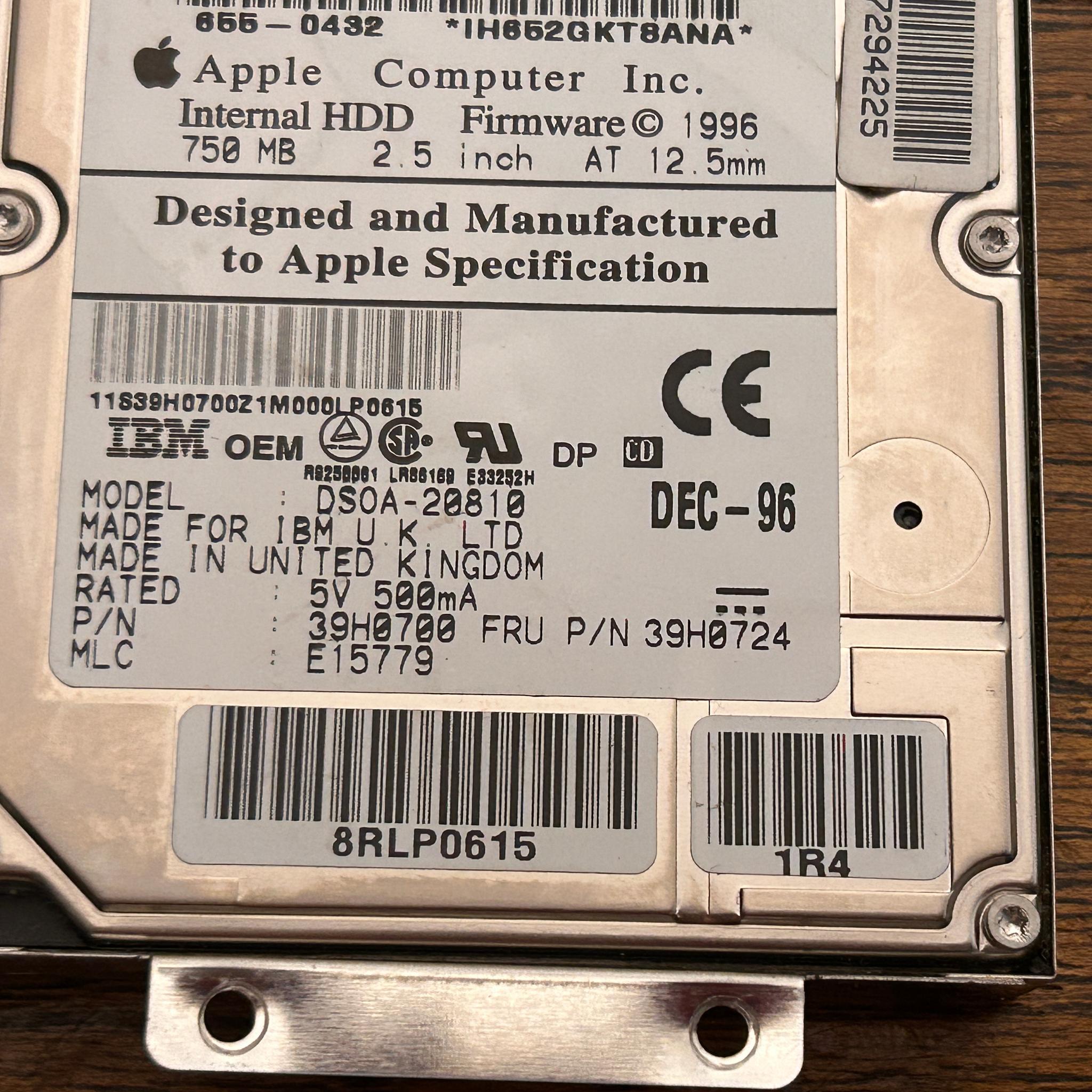 Vintage 1996 Apple Internal 750 MB 2.5" IDE Hard Drive - DSOA-20810 - VTG - TESTED