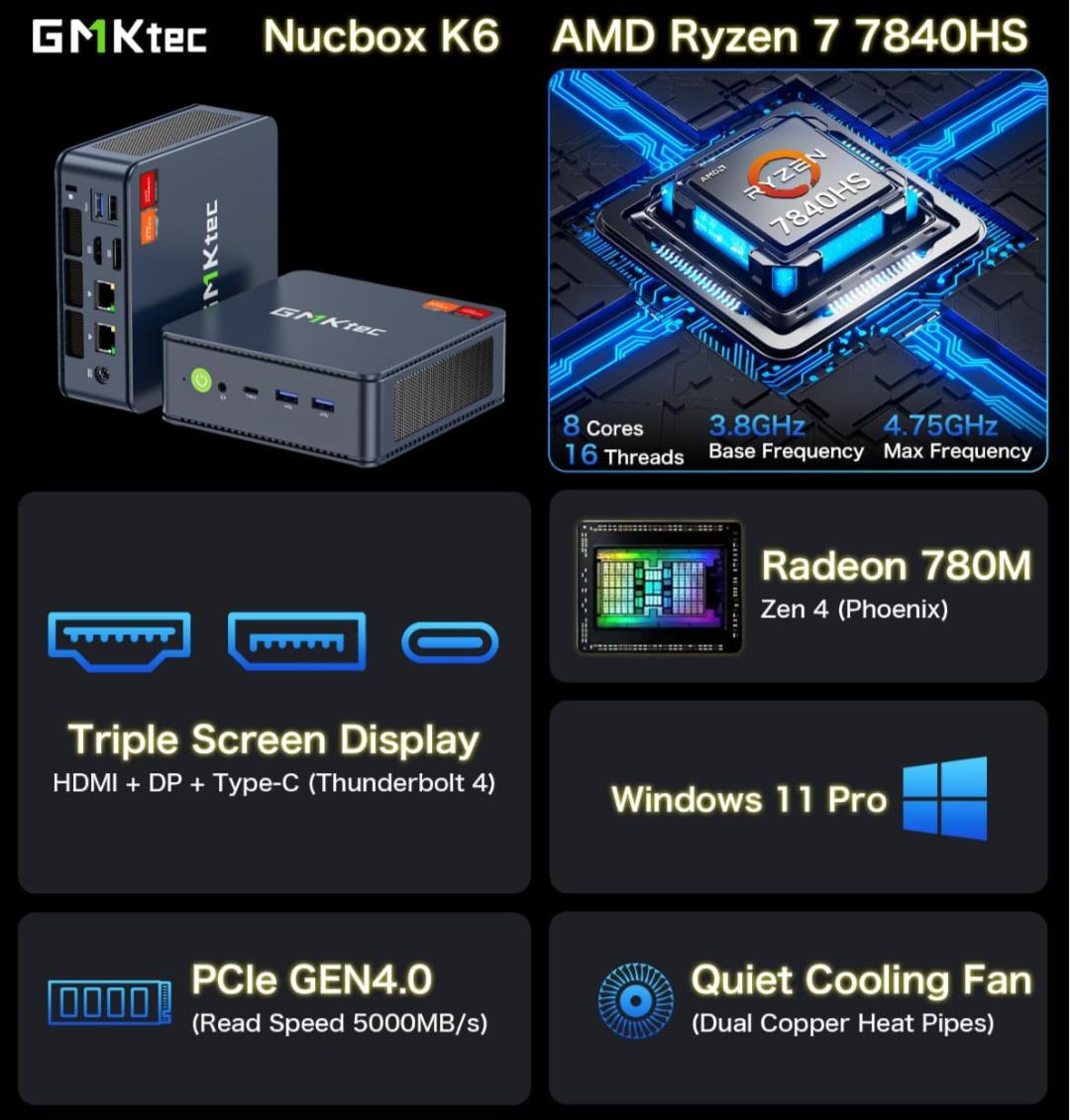 Ryzen 7 7840HS + 16GB DDR5 + 512GB NVME Dual NIC LAN 2.5Gbps GMKtek K6 NucBox Mini PC