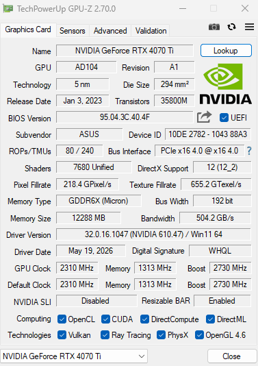 ASUS TUF Gaming GeForce RTX 4070 Ti TUF-RTX 4070TI-O12G-GAMING