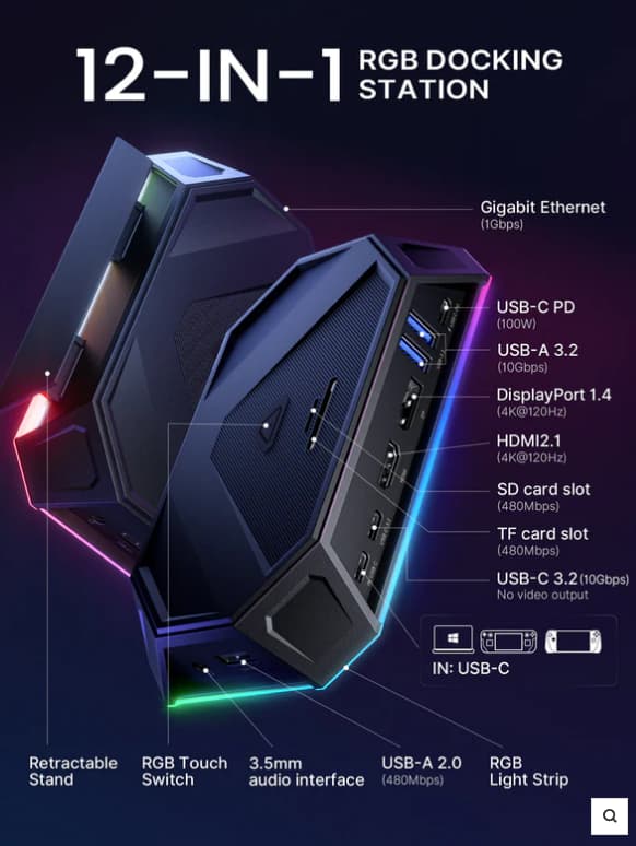 JSAUX RGB Docking Station For Steam Deck / ROG Ally - Black