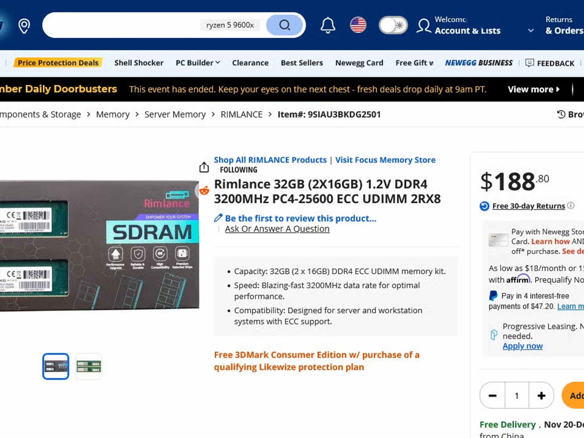 Rimlance 32GB (2x16GB) ECC DDR4 3200MT 1.2V Kit - compatible with Ryzen AM4 motherboards