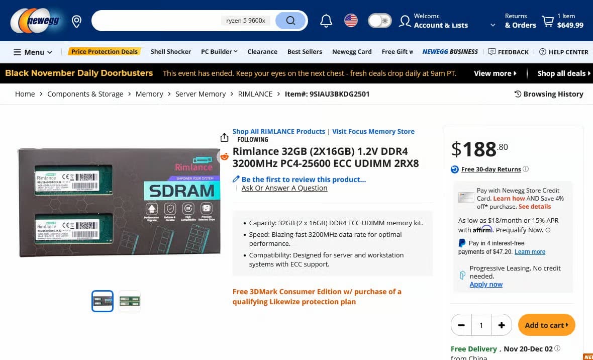Rimlance 32GB (2x16GB) ECC DDR4 3200MT 1.2V Kit - compatible with Ryzen AM4 motherboards