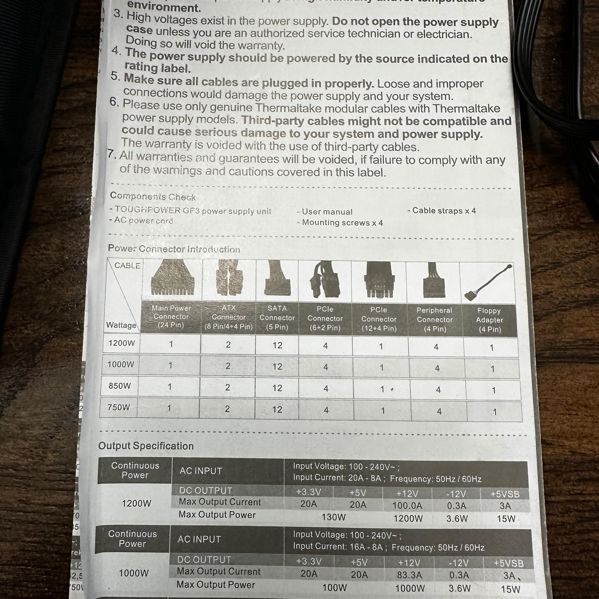 Thermaltake Toughpower GF3 1200W (missing cables)