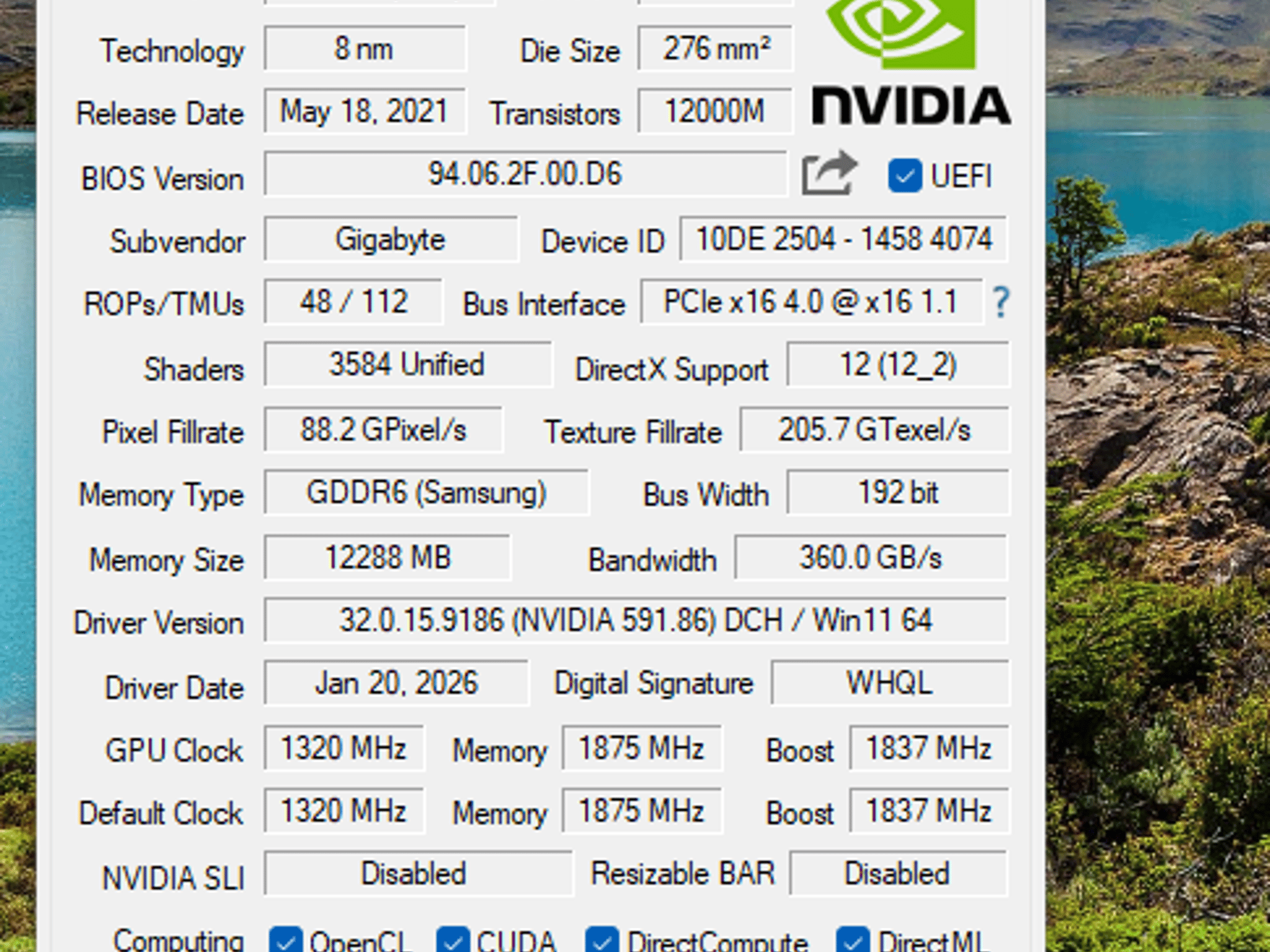 Gigabyte NVIDIA GeForce RTX 3060 12GB GDDR6 — Tested, Excellent Condition