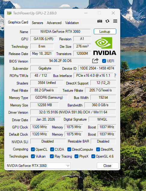 Gigabyte NVIDIA GeForce RTX 3060 12GB GDDR6 — Tested, Excellent Condition