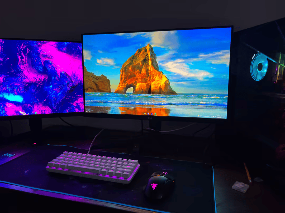 Full Custom Gaming Setup, PC, 2 Monitors, Keyboard, Wireless Mouse with Charging Dock and Mousepad
