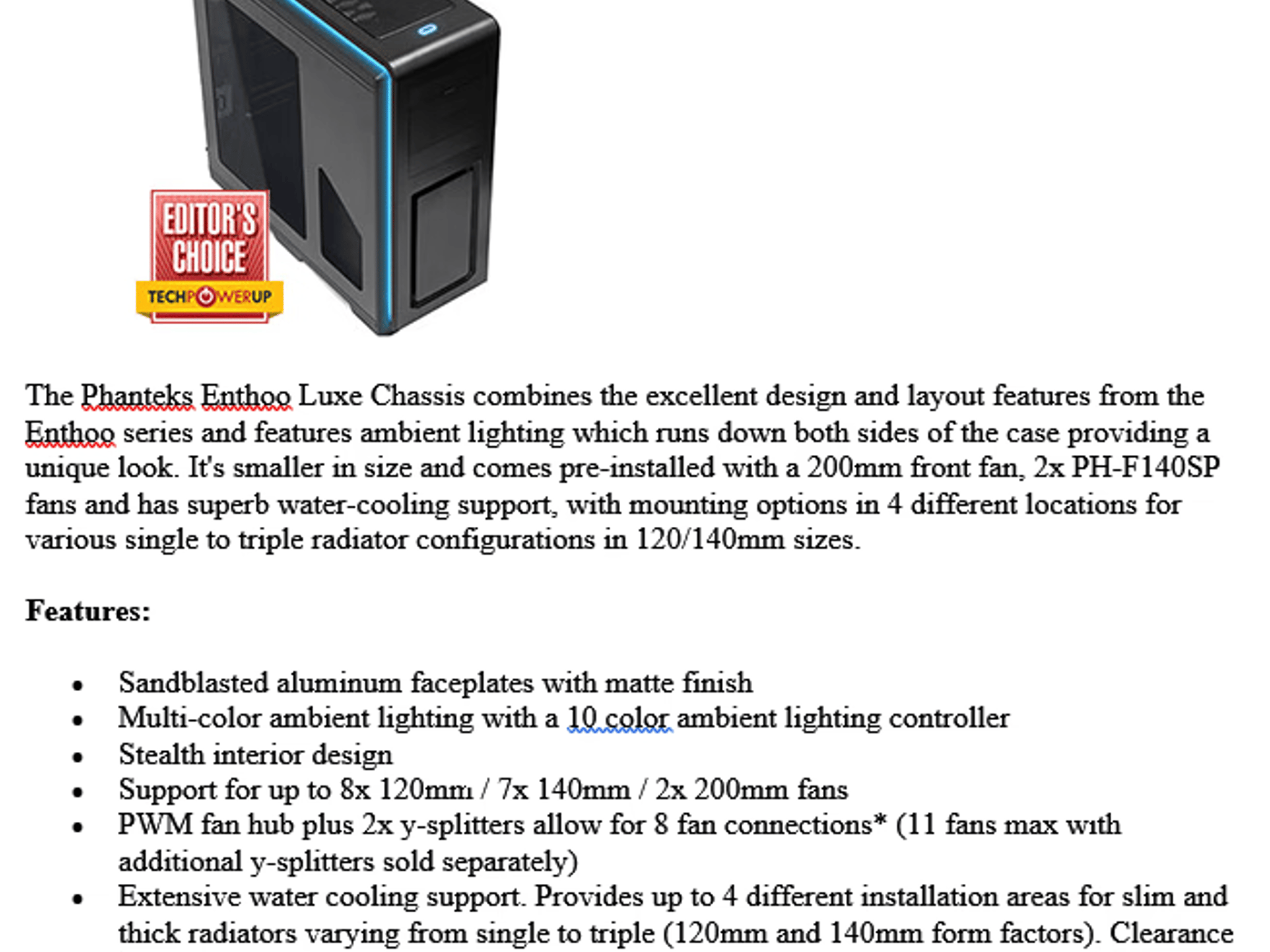 Phanteks Enthoo Luxe full tower computer case in original retail box with all parts and accessories