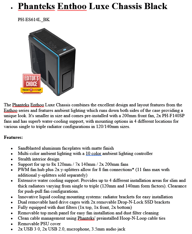 Phanteks Enthoo Luxe full tower computer case in original retail box with all parts and accessories