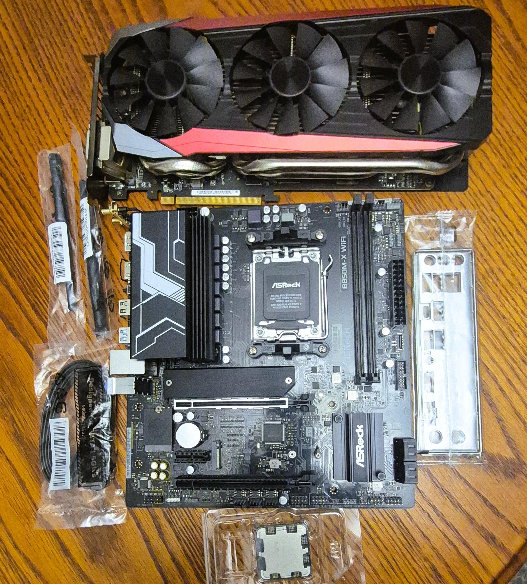 Bundle ASRock B850M-X WiFi AM5 AMD Micro ATX Mobo, Ryzen 7 7700X, ASUS STRIX-R9 390X GPU, 32GB RAM