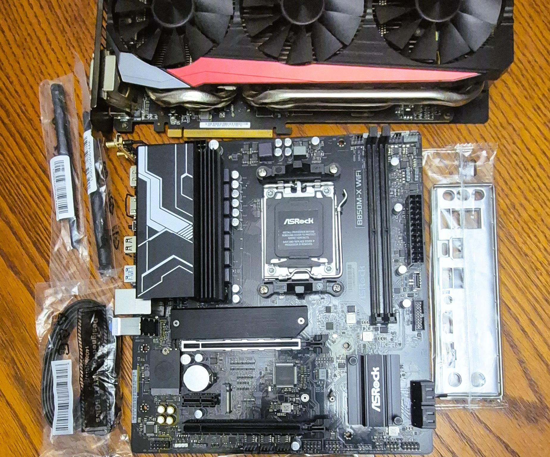 Bundle ASRock B850M-X WiFi AM5 AMD Micro ATX Mobo, Ryzen 7 7700X, ASUS STRIX-R9 390X GPU, 32GB RAM