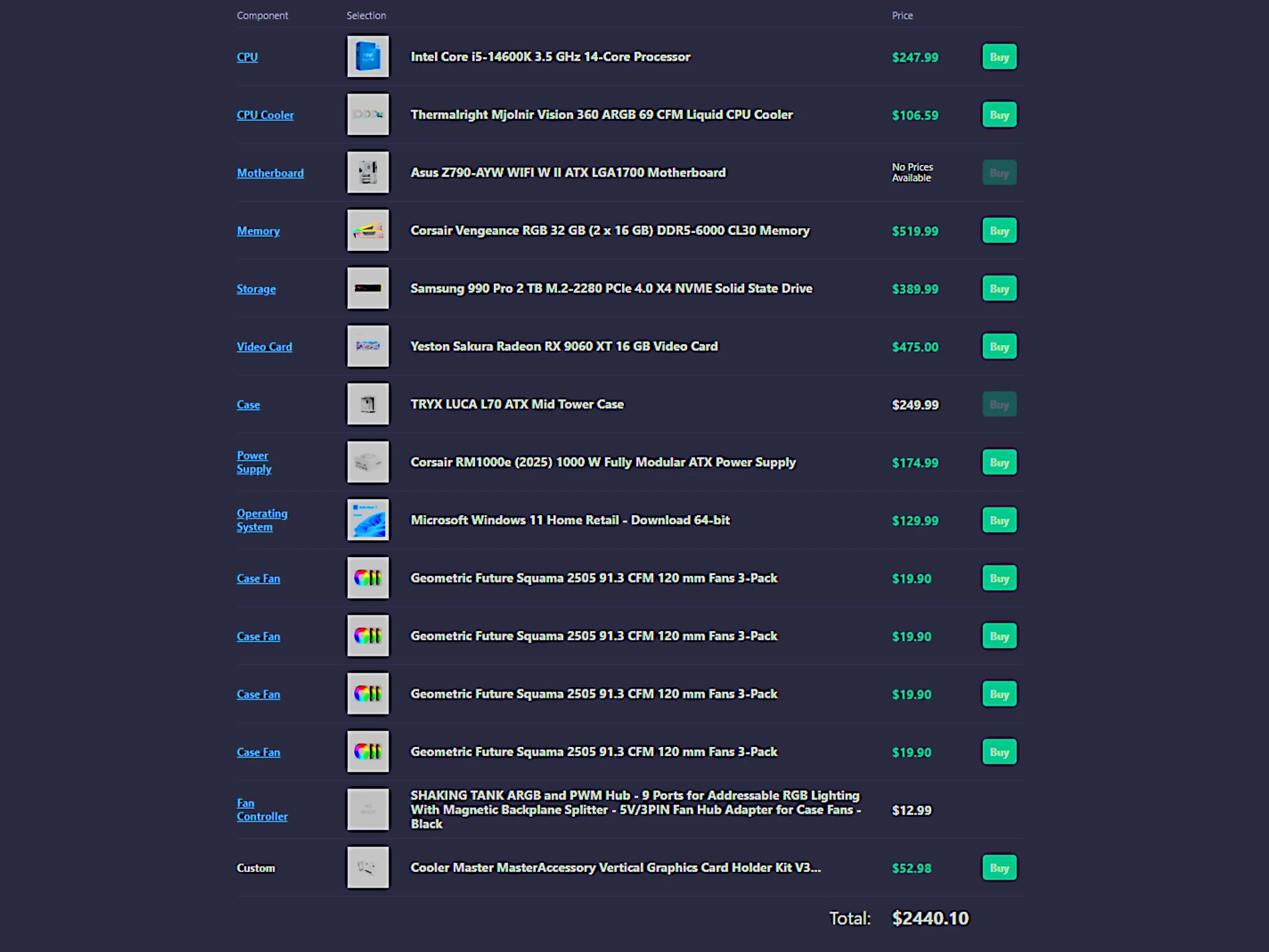 New High-End Custom PC|Sakura 9060XT 16GB|i5-14600K|32GB DDR5-6000|990Pro 2TB|Z790|1000W