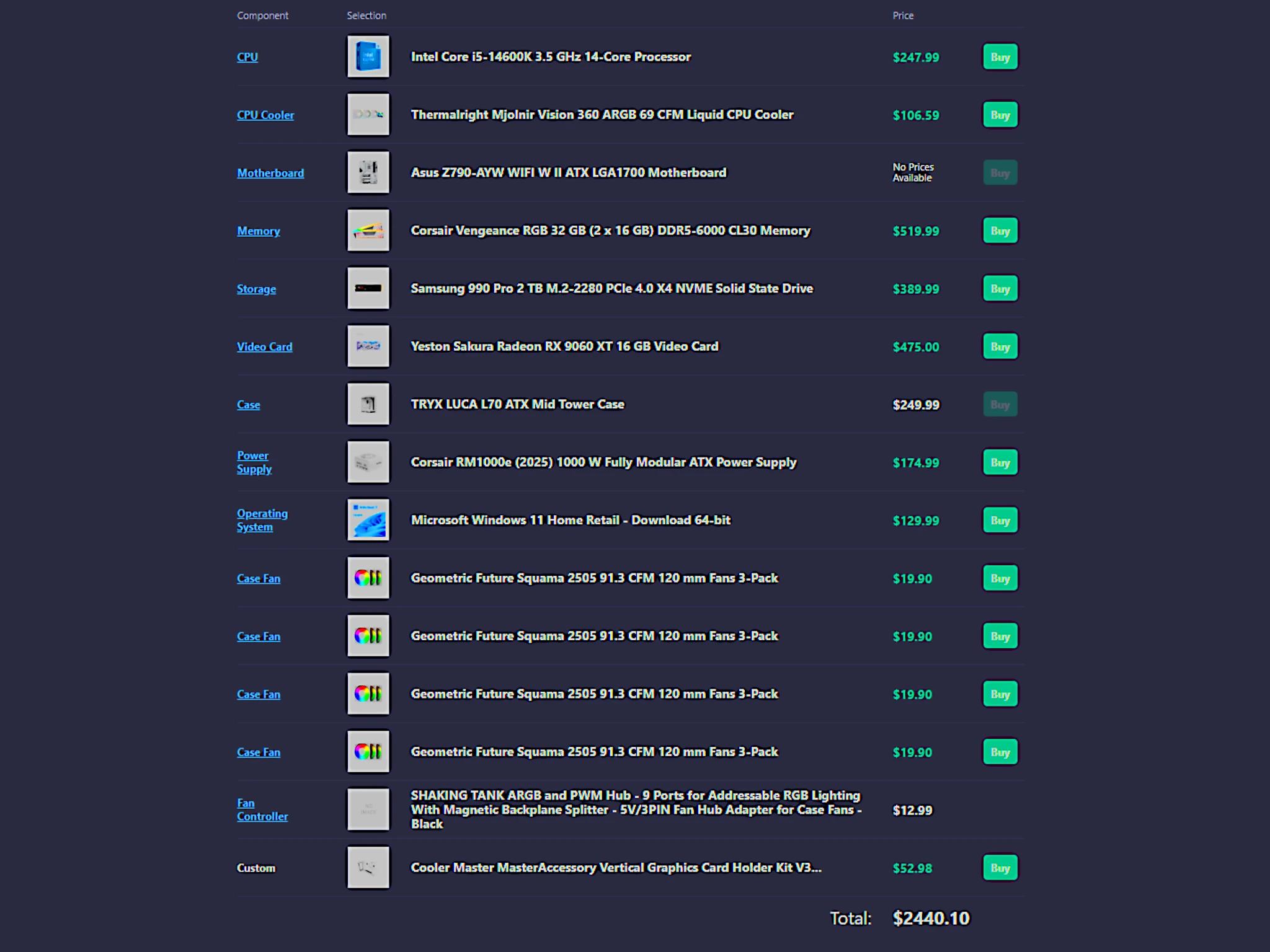 New High-End Custom PC|Sakura 9060XT 16GB|i5-14600K|32GB DDR5-6000|990Pro 2TB|Z790|1000W
