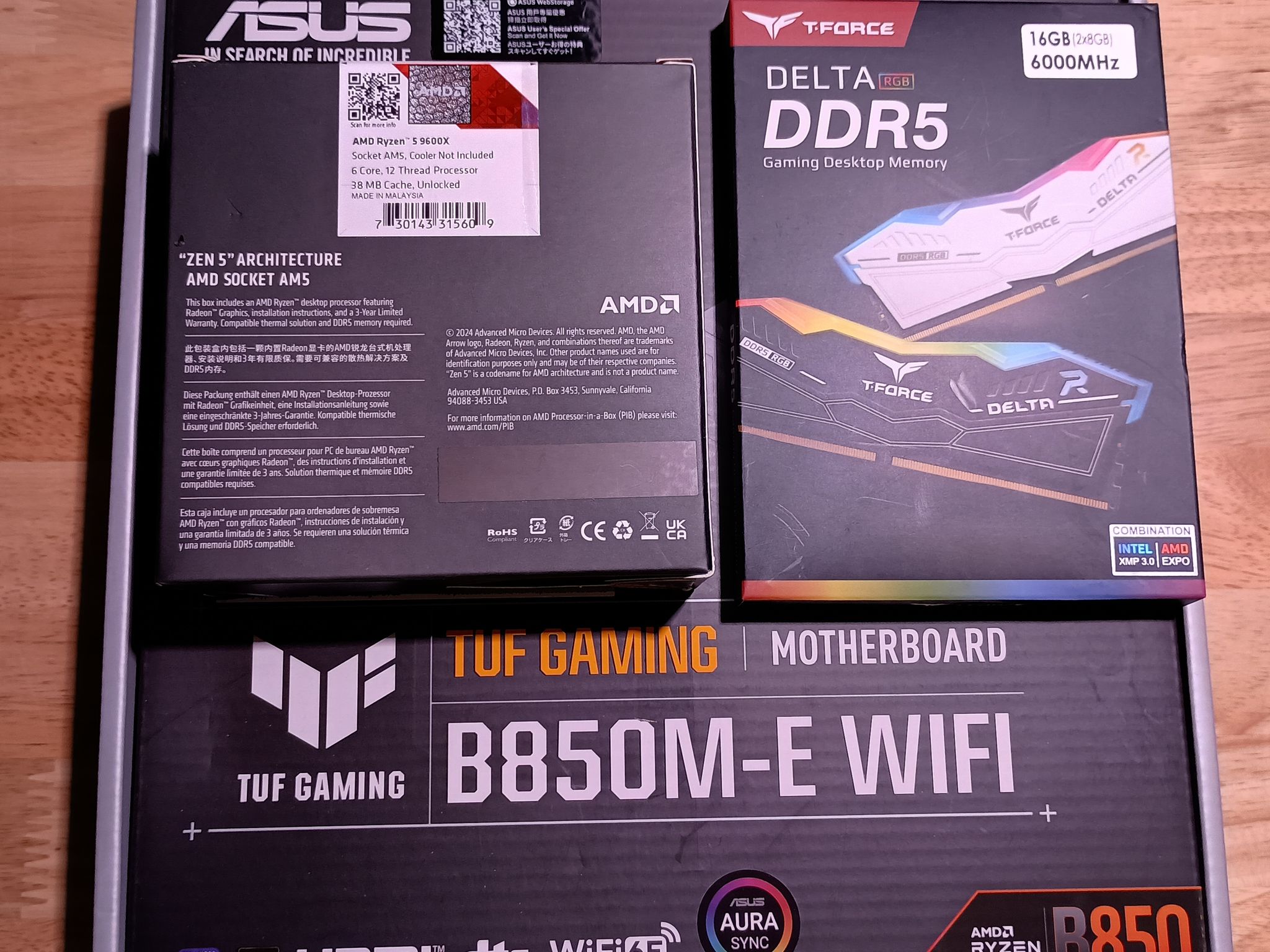 DDR5 Bundle - NEW - Asus B850M-E WiFi MB, Ryzen 5 9600x CPU, 16gb DDR5 (2x8gb) 6000mhz argb ram