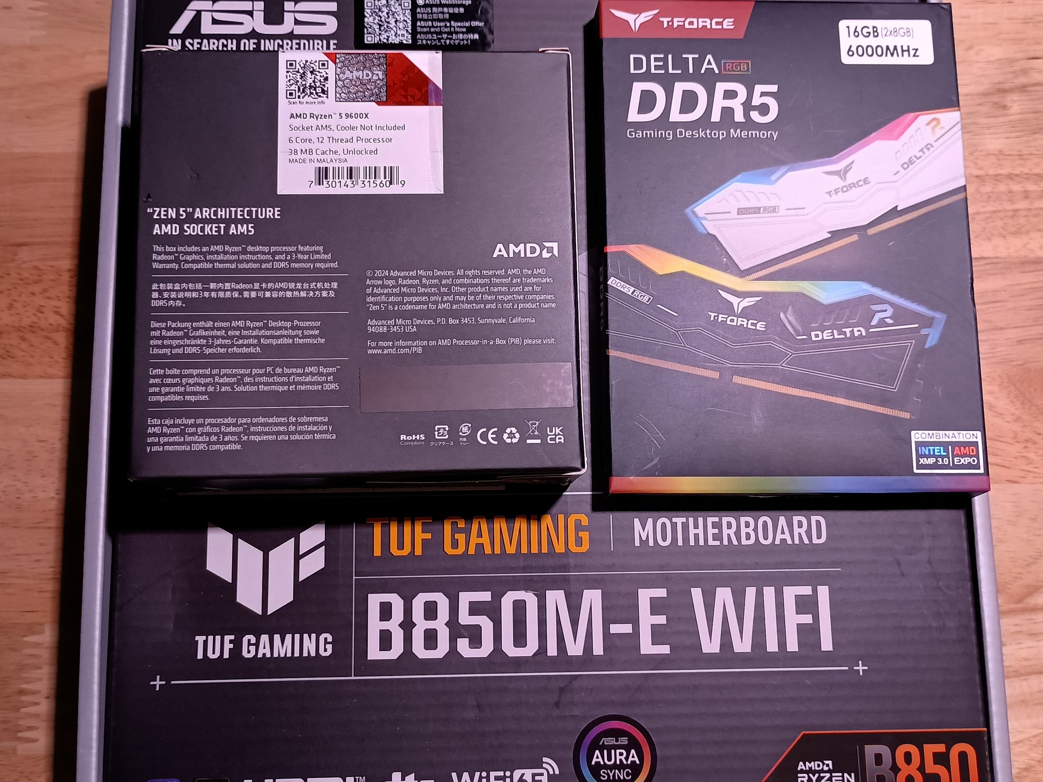 DDR5 Bundle - NEW - Asus B850M-E WiFi MB, Ryzen 5 9600x CPU, 16gb DDR5 (2x8gb) 6000mhz argb ram