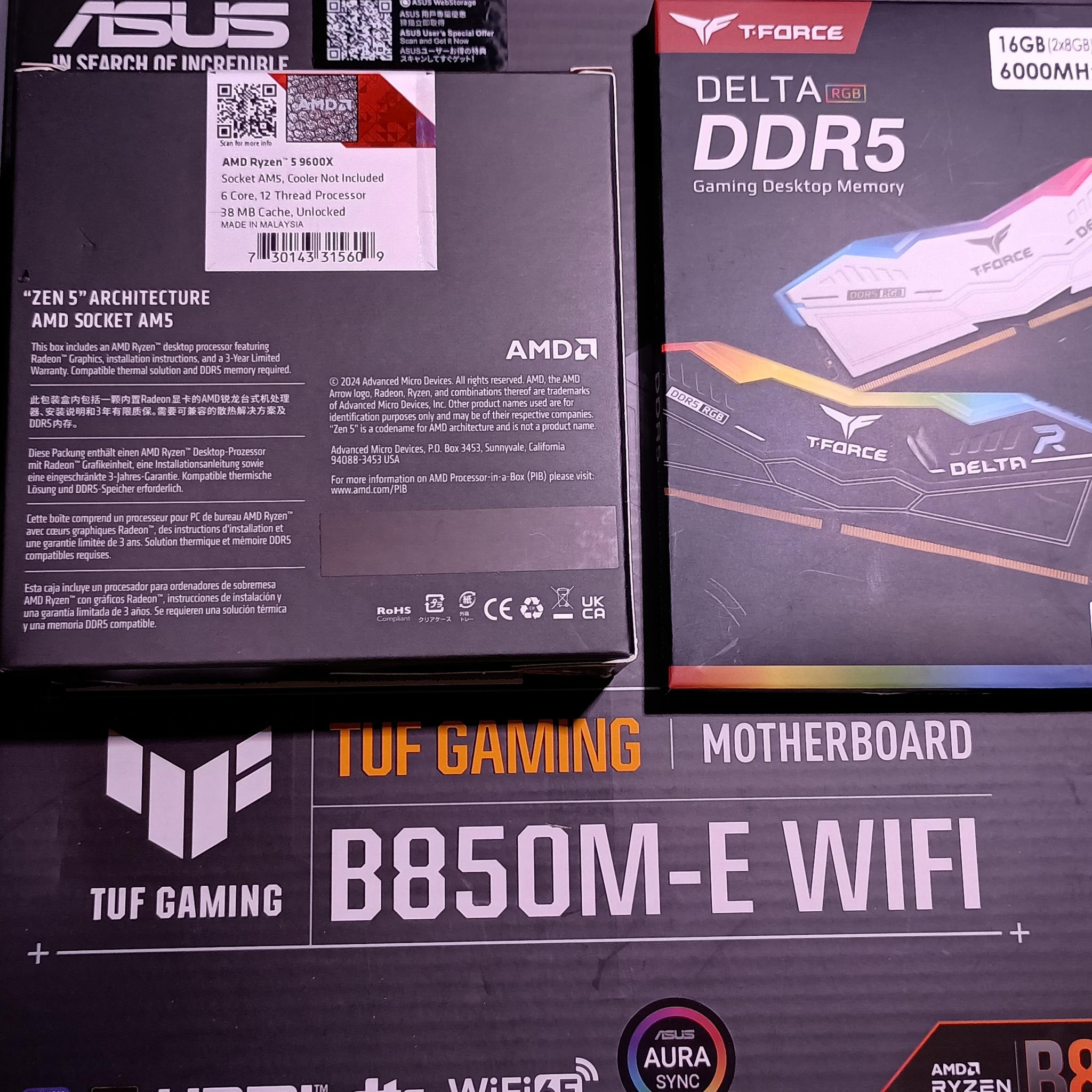 DDR5 Bundle - NEW - Asus B850M-E WiFi MB, Ryzen 5 9600x CPU, 16gb DDR5 (2x8gb) 6000mhz argb ram