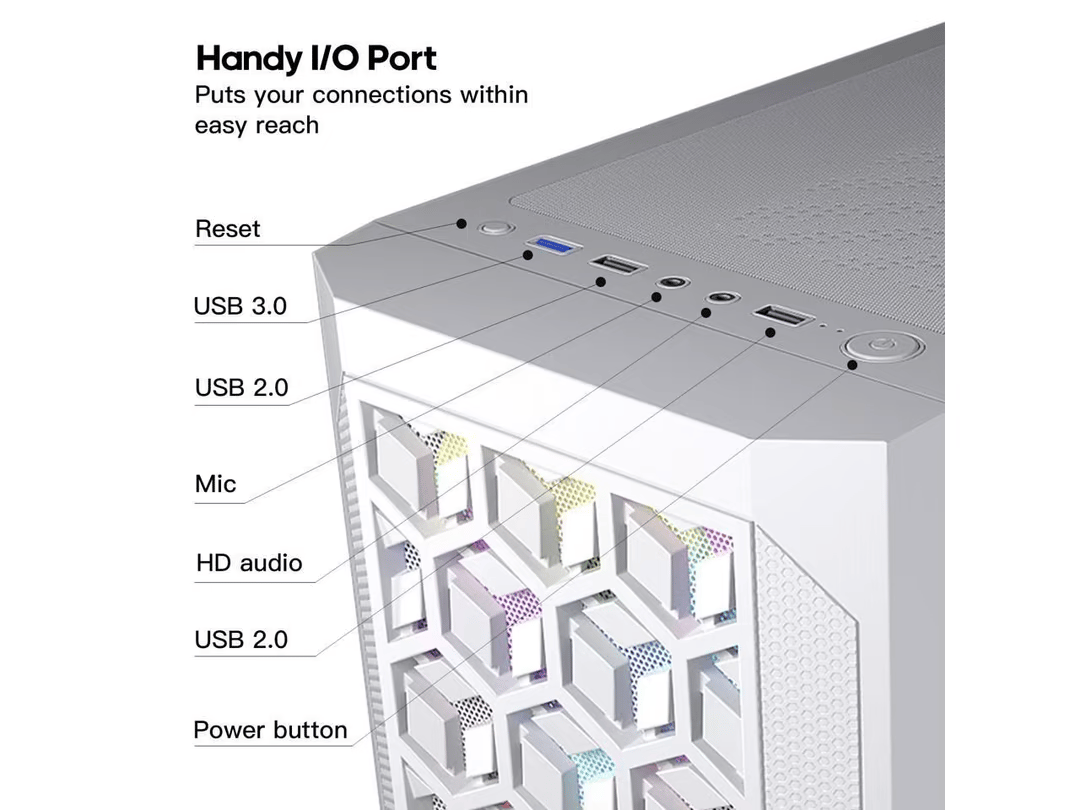 ESGAMING White Micro ATX Mini ITX Tower Micro ATX Case, Tempered Glass Side Panel, Rainbow LED Fans