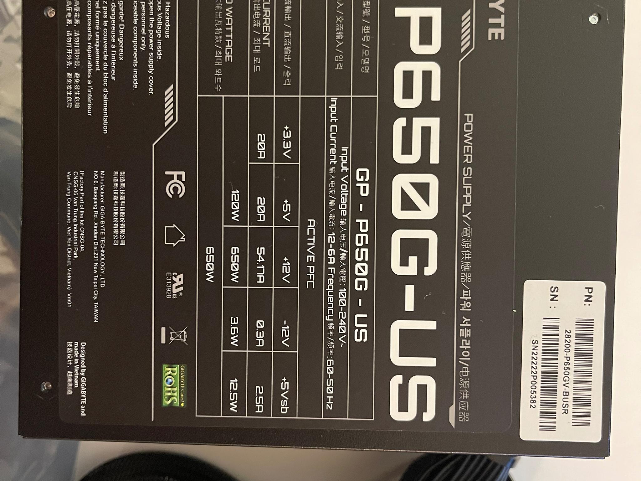 Gigabyte P650B PSU ATX 650W 80+ PLUS GOLD Certified