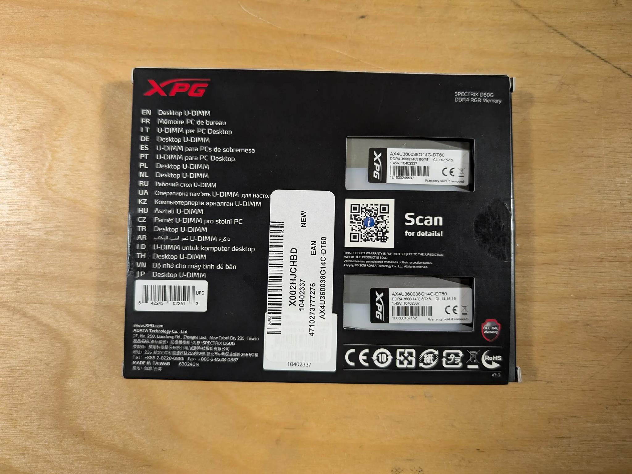 16GB DDR4 3600mhz CL14 RGB XPG Spectrix D60G 1.45v