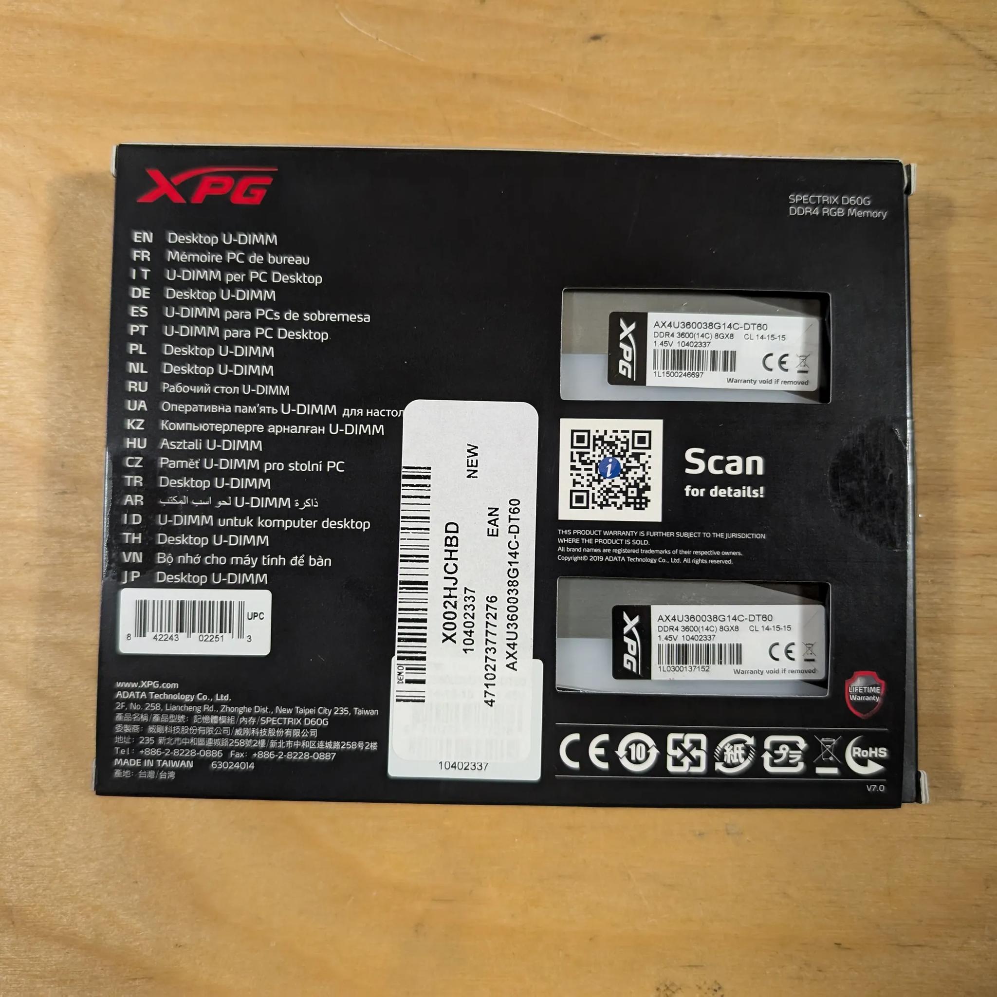 16GB DDR4 3600mhz CL14 RGB XPG Spectrix D60G 1.45v