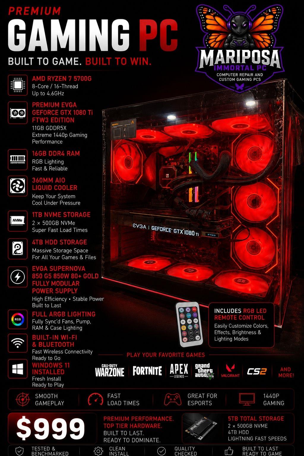 Gaming PC Ryzen 7 5700G GTX 1080 Ti FTW3 11GB 16GB RGB 5TB Storage WiFi Win11