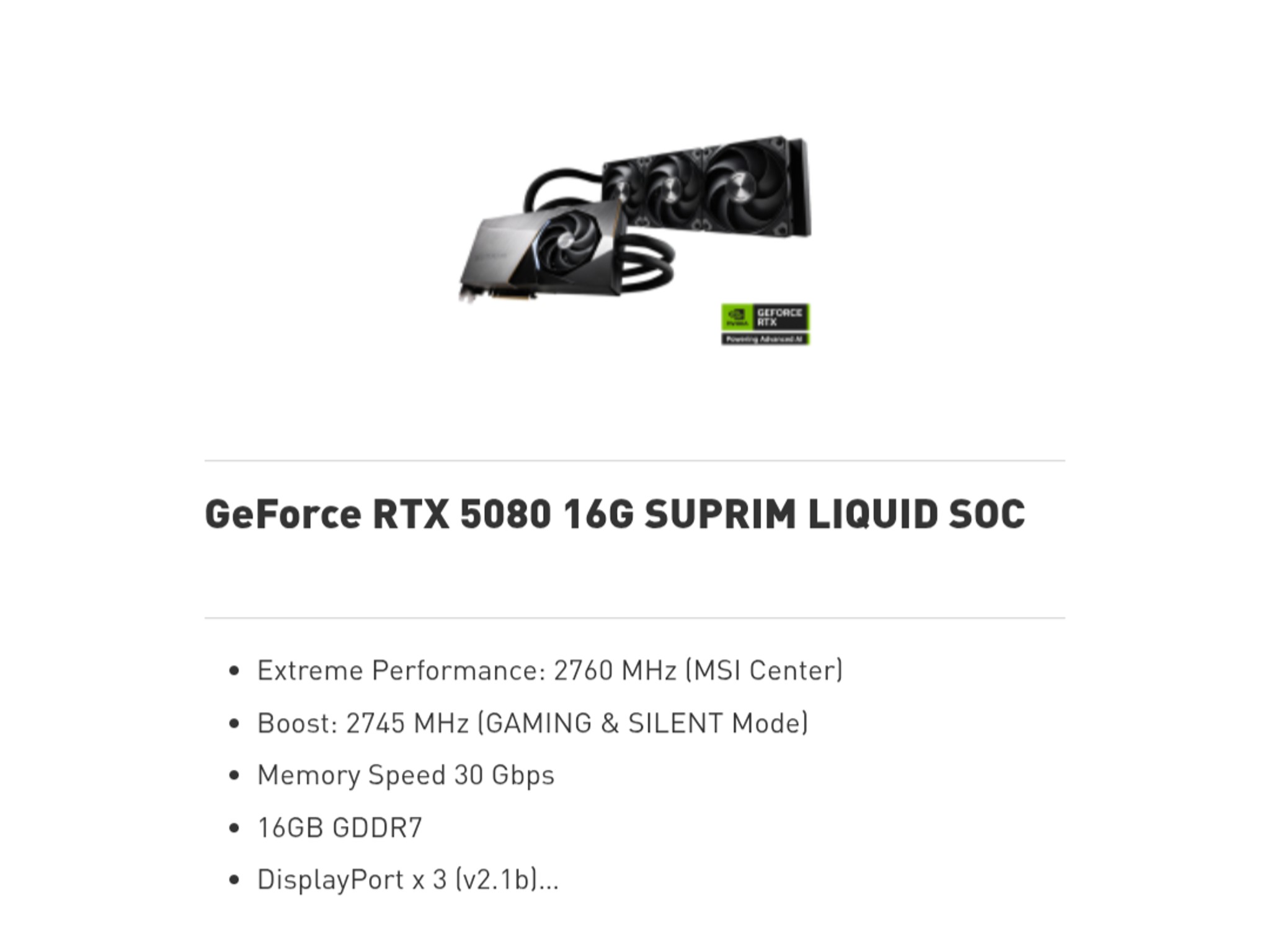 Nvidia RTX 5080 Msi Suprim liquid Soc edition