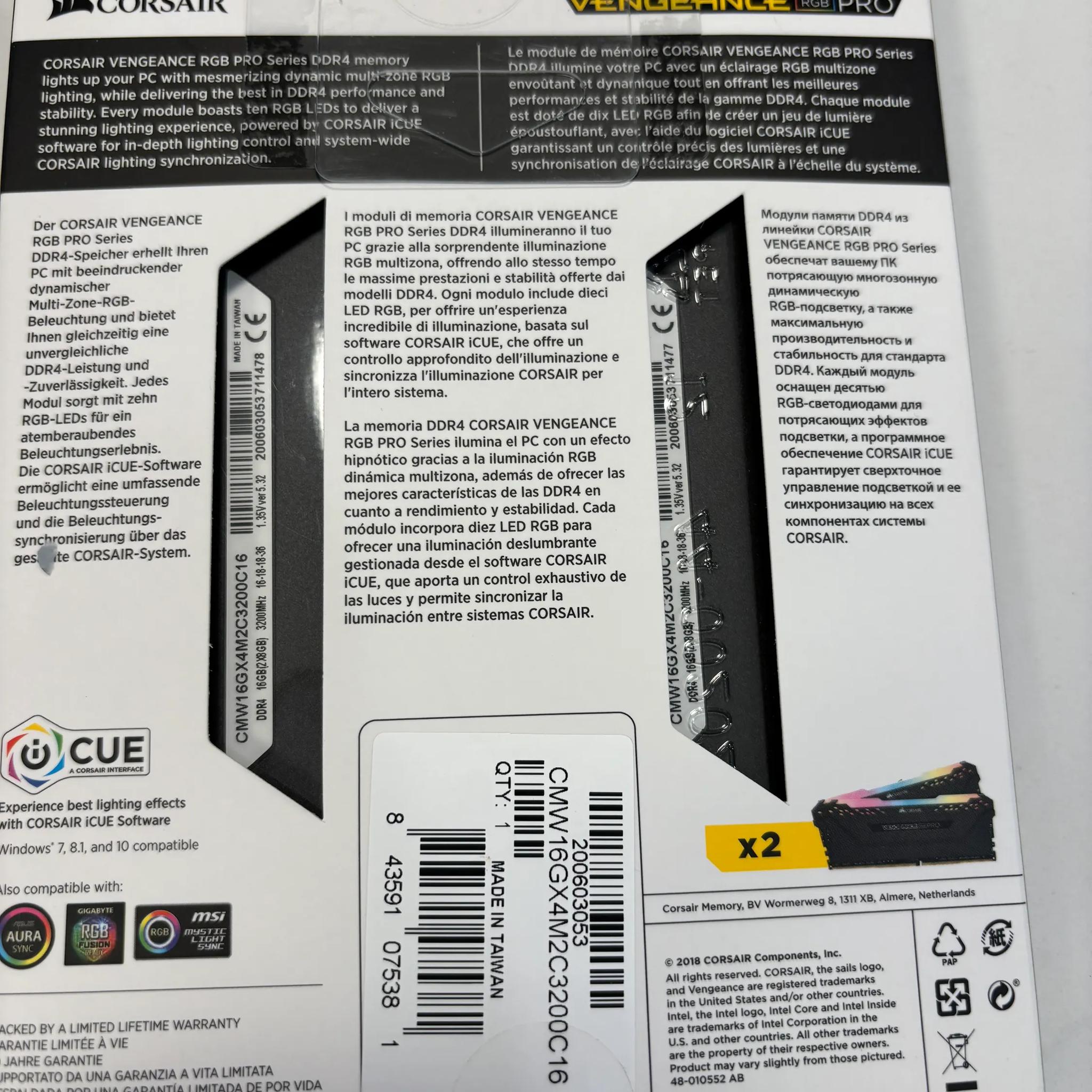 Corsair Vengeance DDR4 RAM 16Gb (8x2) 3200mhz Black