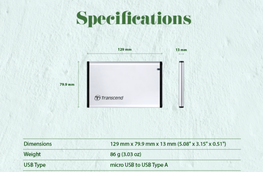 NEW TRANSCEND 2.5” SSD/HDD EXTERNAL ALUMINIUM ENCLOSURE, USB 3.0, One Touch Backup